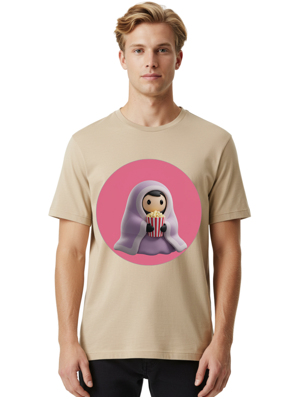 Muslim-Girl-Eating-Popcorn Men'S Graphic Tee, 100% Cotton, Comfortable Casual Summer Wear, Machine Washable, Muslim Girl Eating Popcorn, Cartoon Character, Purple Hijab, Red And White Striped Bucket, Funny Illustration, Kawaii Art, Bac192