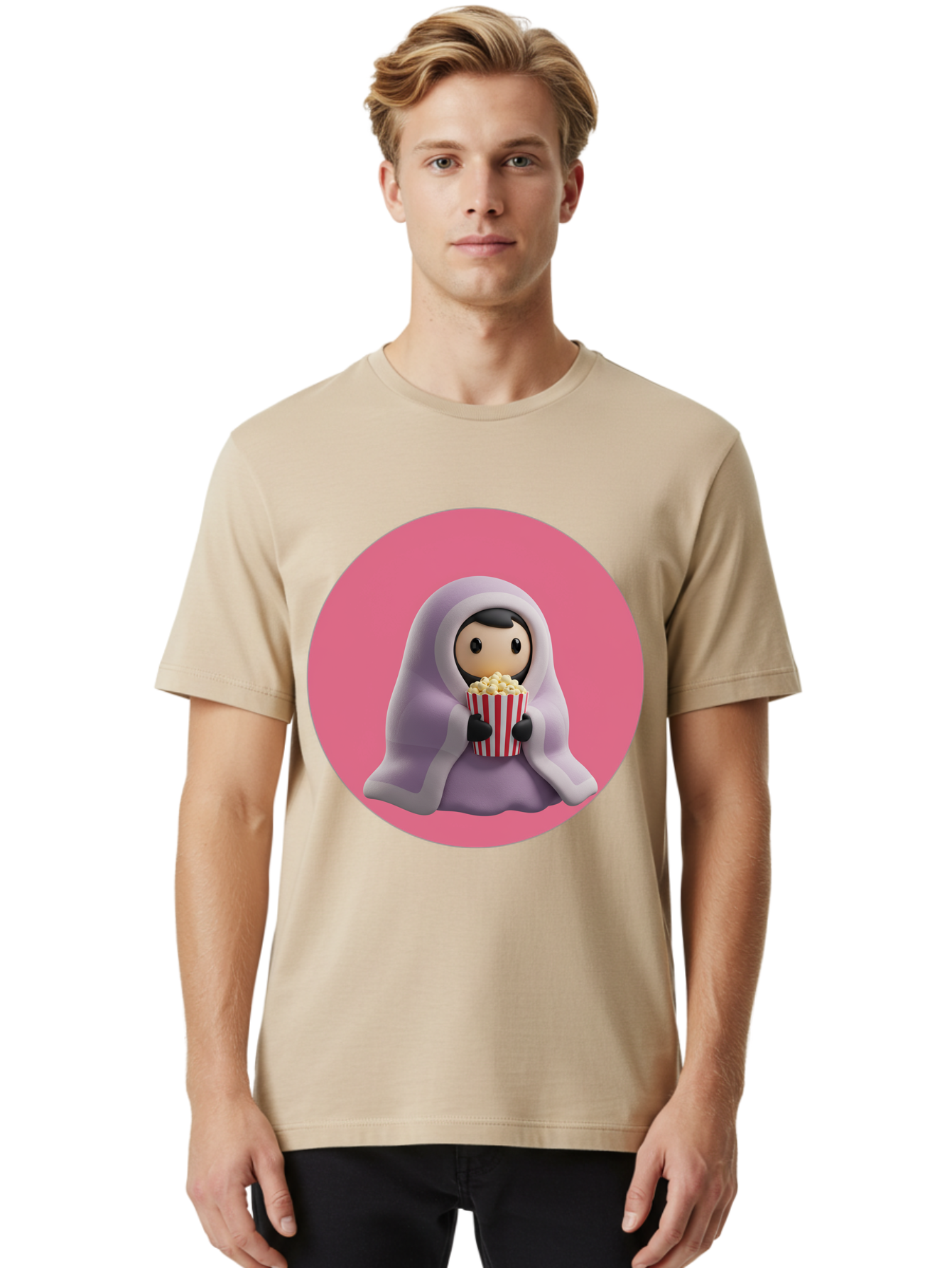 Muslim-Girl-Eating-Popcorn Men'S Graphic Tee, 100% Cotton, Comfortable Casual Summer Wear, Machine Washable, Muslim Girl Eating Popcorn, Cartoon Character, Purple Hijab, Red And White Striped Bucket, Funny Illustration, Kawaii Art, Bac192