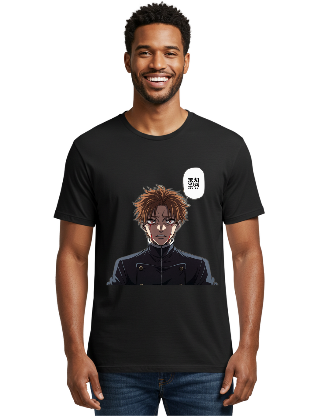 Mysterious-Man Men'S Graphic Tee, 100% Cotton, Comfortable Casual Summer Wear, Machine Washable, Anime Character With Bleeding Face, Mysterious Expression, Unknown Language, Intense Gaze, Chikage, Manga Style, Japanese Text, Black Jacket, Bac193