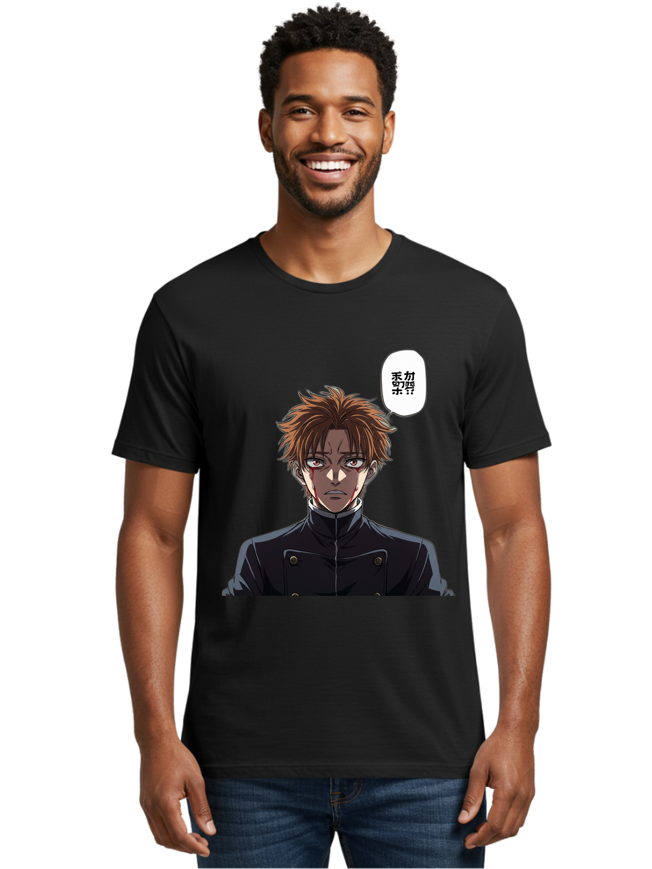 Mysterious-Man Men'S Graphic Tee, 100% Cotton, Comfortable Casual Summer Wear, Machine Washable, Anime Character With Bleeding Face, Mysterious Expression, Unknown Language, Intense Gaze, Chikage, Manga Style, Japanese Text, Black Jacket, Bac193