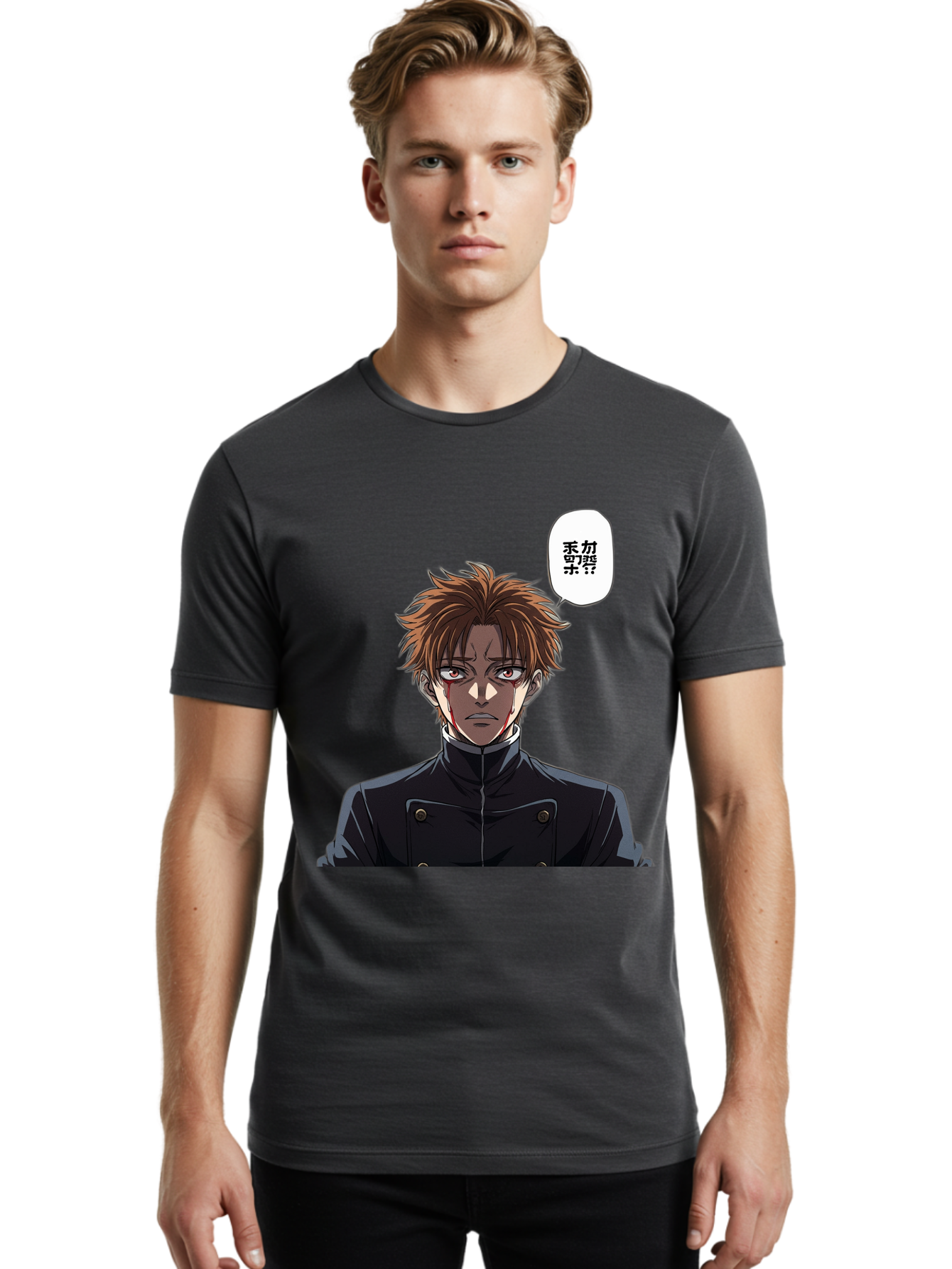 Mysterious-Man Men'S Graphic Tee, 100% Cotton, Comfortable Casual Summer Wear, Machine Washable, Anime Character With Bleeding Face, Mysterious Expression, Unknown Language, Intense Gaze, Chikage, Manga Style, Japanese Text, Black Jacket, Bac193