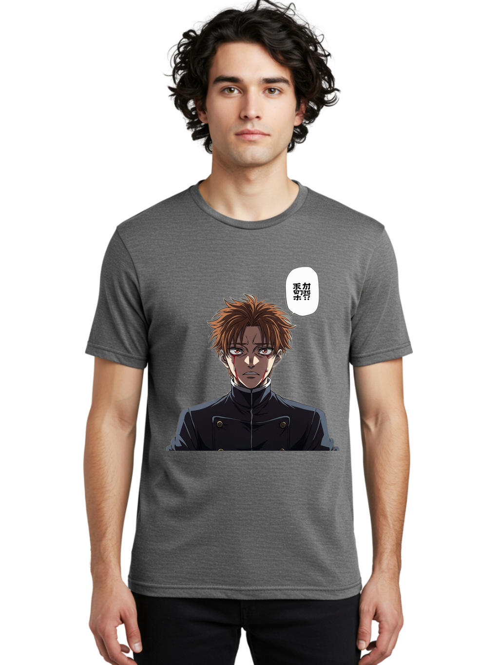 Mysterious-Man Men'S Graphic Tee, 100% Cotton, Comfortable Casual Summer Wear, Machine Washable, Anime Character With Bleeding Face, Mysterious Expression, Unknown Language, Intense Gaze, Chikage, Manga Style, Japanese Text, Black Jacket, Bac193