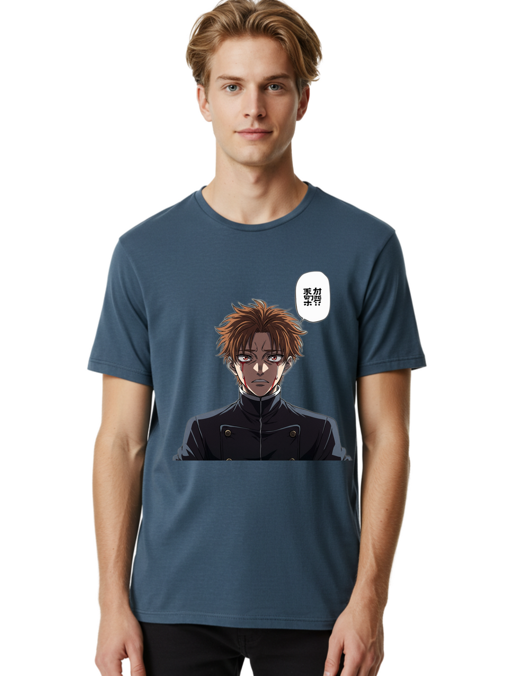 Mysterious-Man Men'S Graphic Tee, 100% Cotton, Comfortable Casual Summer Wear, Machine Washable, Anime Character With Bleeding Face, Mysterious Expression, Unknown Language, Intense Gaze, Chikage, Manga Style, Japanese Text, Black Jacket, Bac193