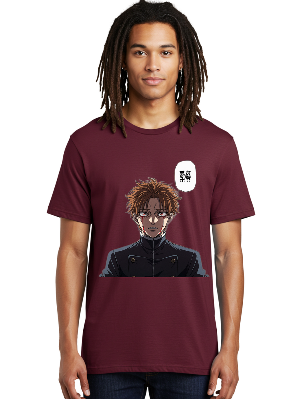 Mysterious-Man Men'S Graphic Tee, 100% Cotton, Comfortable Casual Summer Wear, Machine Washable, Anime Character With Bleeding Face, Mysterious Expression, Unknown Language, Intense Gaze, Chikage, Manga Style, Japanese Text, Black Jacket, Bac193