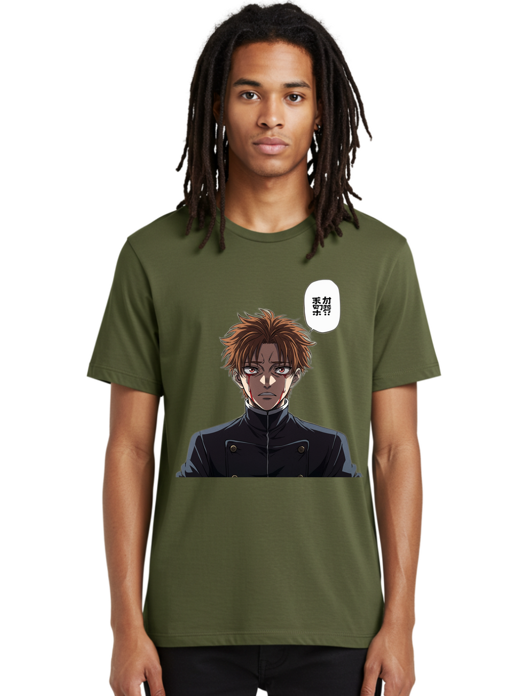 Mysterious-Man Men'S Graphic Tee, 100% Cotton, Comfortable Casual Summer Wear, Machine Washable, Anime Character With Bleeding Face, Mysterious Expression, Unknown Language, Intense Gaze, Chikage, Manga Style, Japanese Text, Black Jacket, Bac193