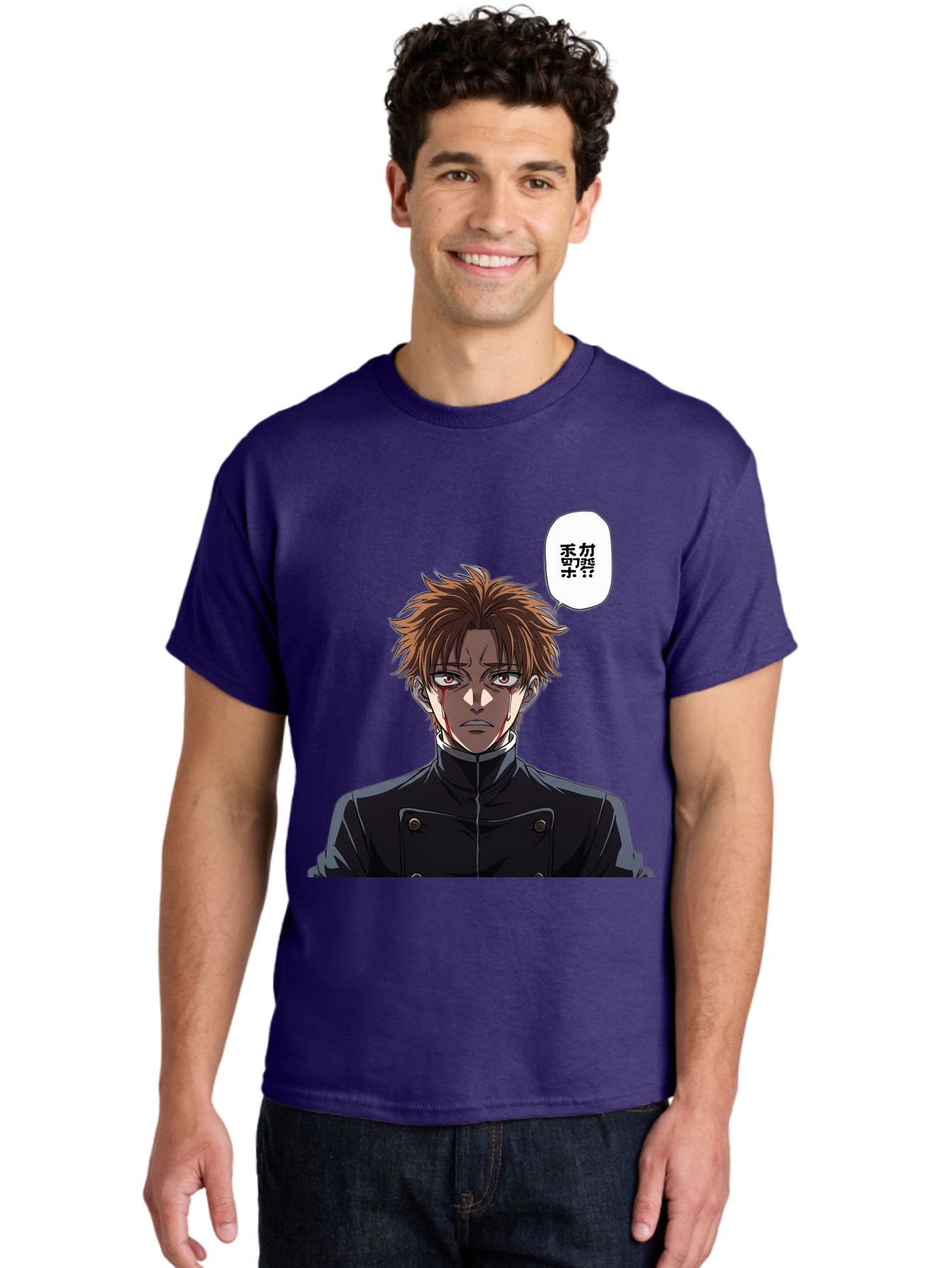 Mysterious-Man Men'S Graphic Tee, 100% Cotton, Comfortable Casual Summer Wear, Machine Washable, Anime Character With Bleeding Face, Mysterious Expression, Unknown Language, Intense Gaze, Chikage, Manga Style, Japanese Text, Black Jacket, Bac193