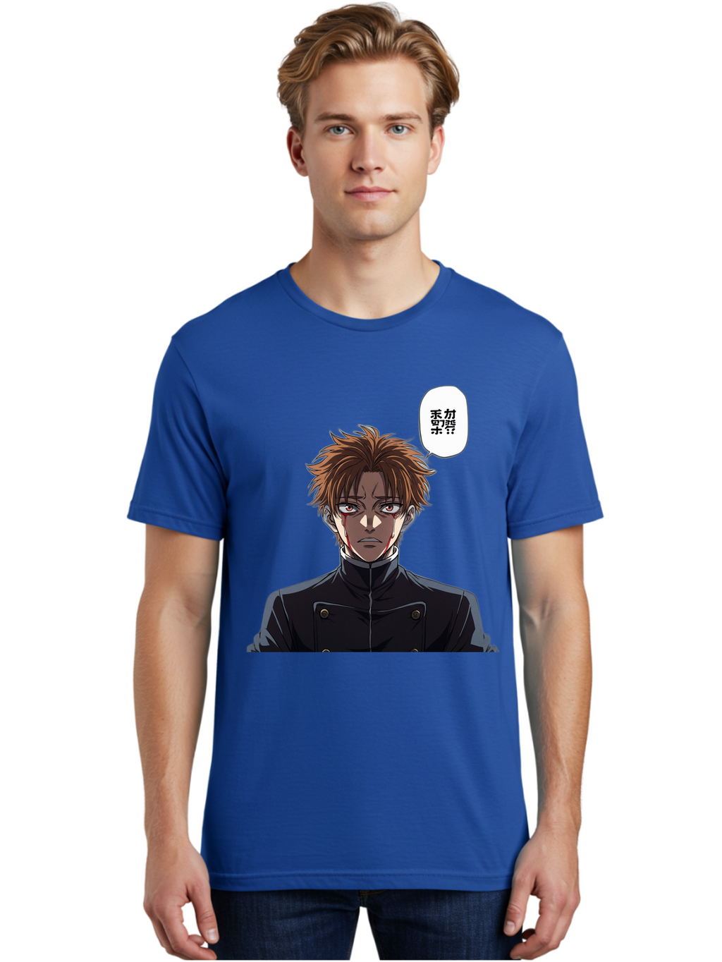 Mysterious-Man Men'S Graphic Tee, 100% Cotton, Comfortable Casual Summer Wear, Machine Washable, Anime Character With Bleeding Face, Mysterious Expression, Unknown Language, Intense Gaze, Chikage, Manga Style, Japanese Text, Black Jacket, Bac193