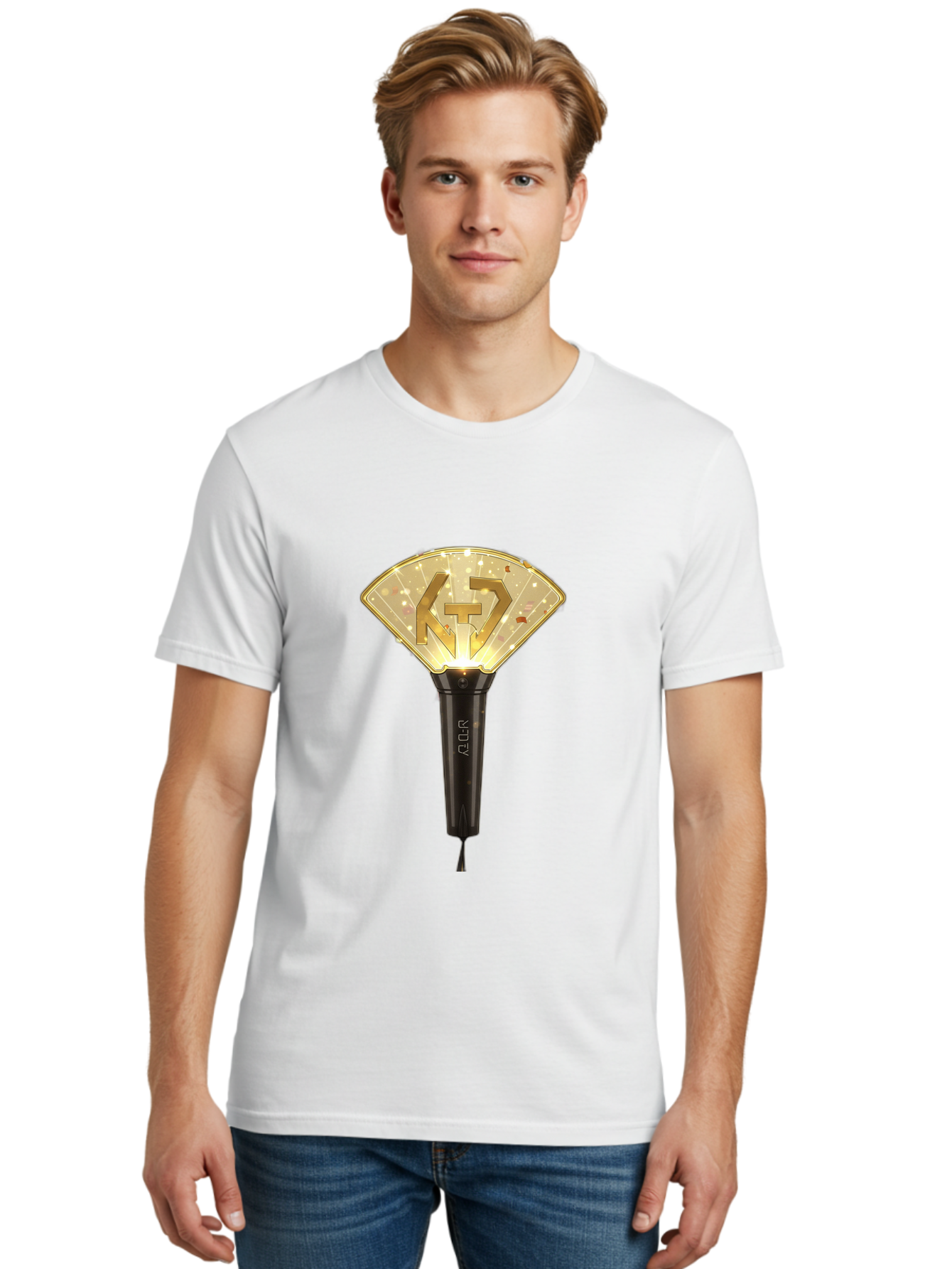 Nct-Lightstick Men'S Graphic Tee, 100% Cotton, Comfortable Casual Summer Wear, Machine Washable, K-Pop Merchandise, Nct Lightstick, Fan Light, Concert Accessory, Novelty Item, Collectible, Black Handle, Lit Top, Gold Logo, Fan Club Gear Bac194