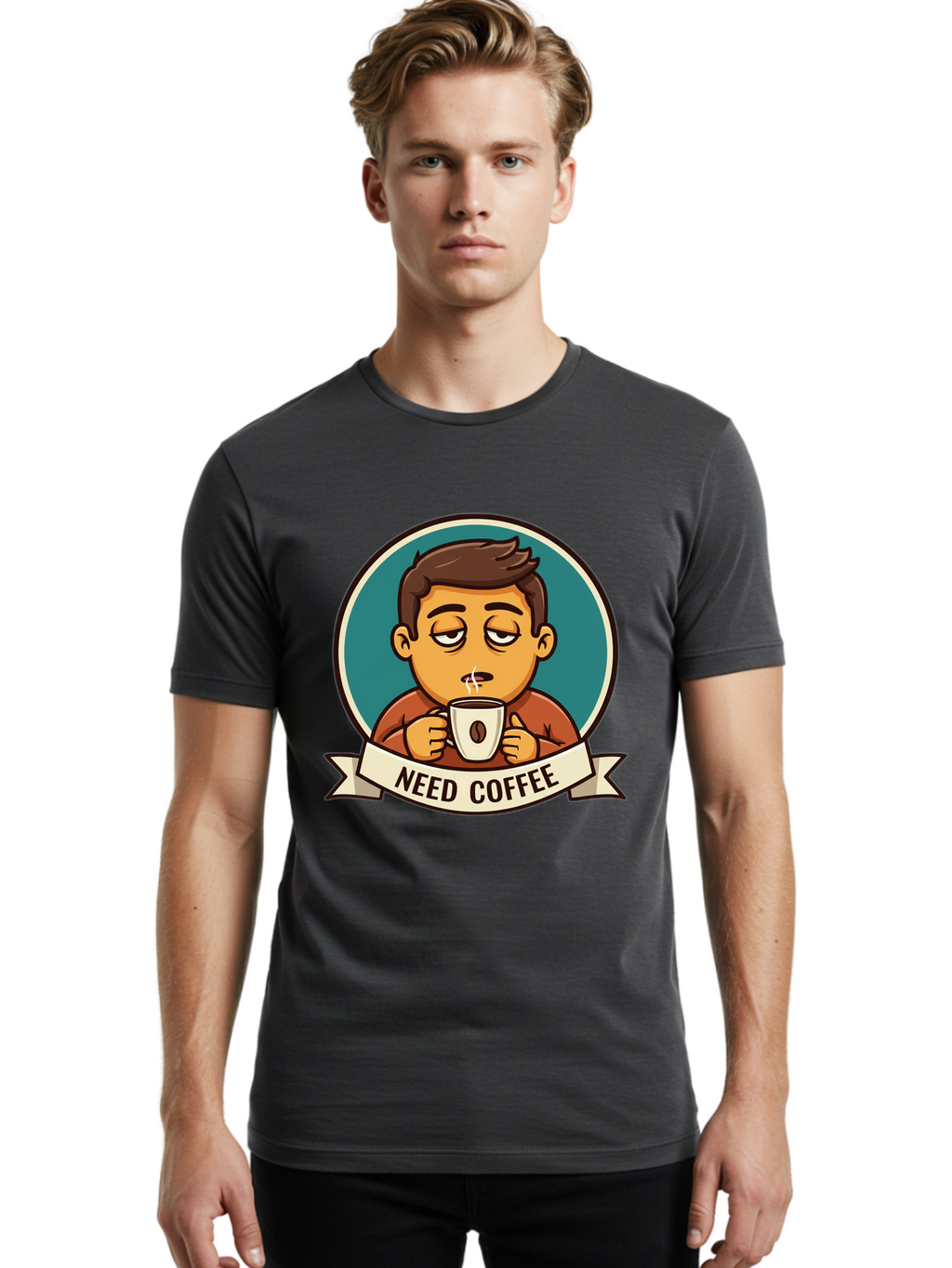 Need-Coffee Men'S Graphic Tee, 100% Cotton, Comfortable Casual Summer Wear, Machine Washable, Tired Cartoon Character, Coffee Lover, Morning Pick-Me-Up, Caffeine Fix, Funny Illustration, Coffee Addiction, Coffee Culture Bac195