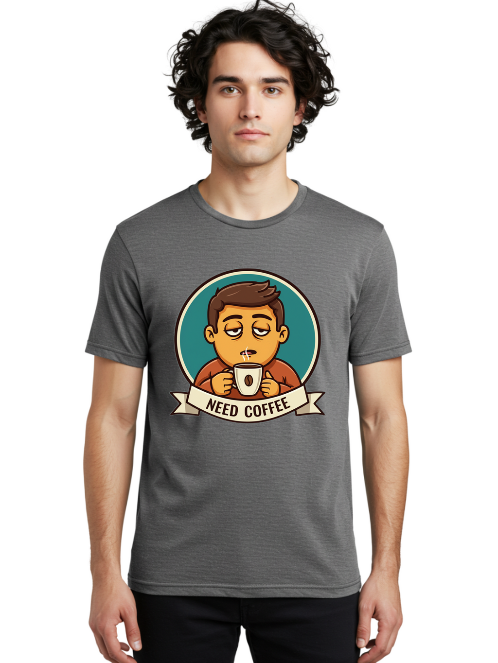 Need-Coffee Men'S Graphic Tee, 100% Cotton, Comfortable Casual Summer Wear, Machine Washable, Tired Cartoon Character, Coffee Lover, Morning Pick-Me-Up, Caffeine Fix, Funny Illustration, Coffee Addiction, Coffee Culture Bac195