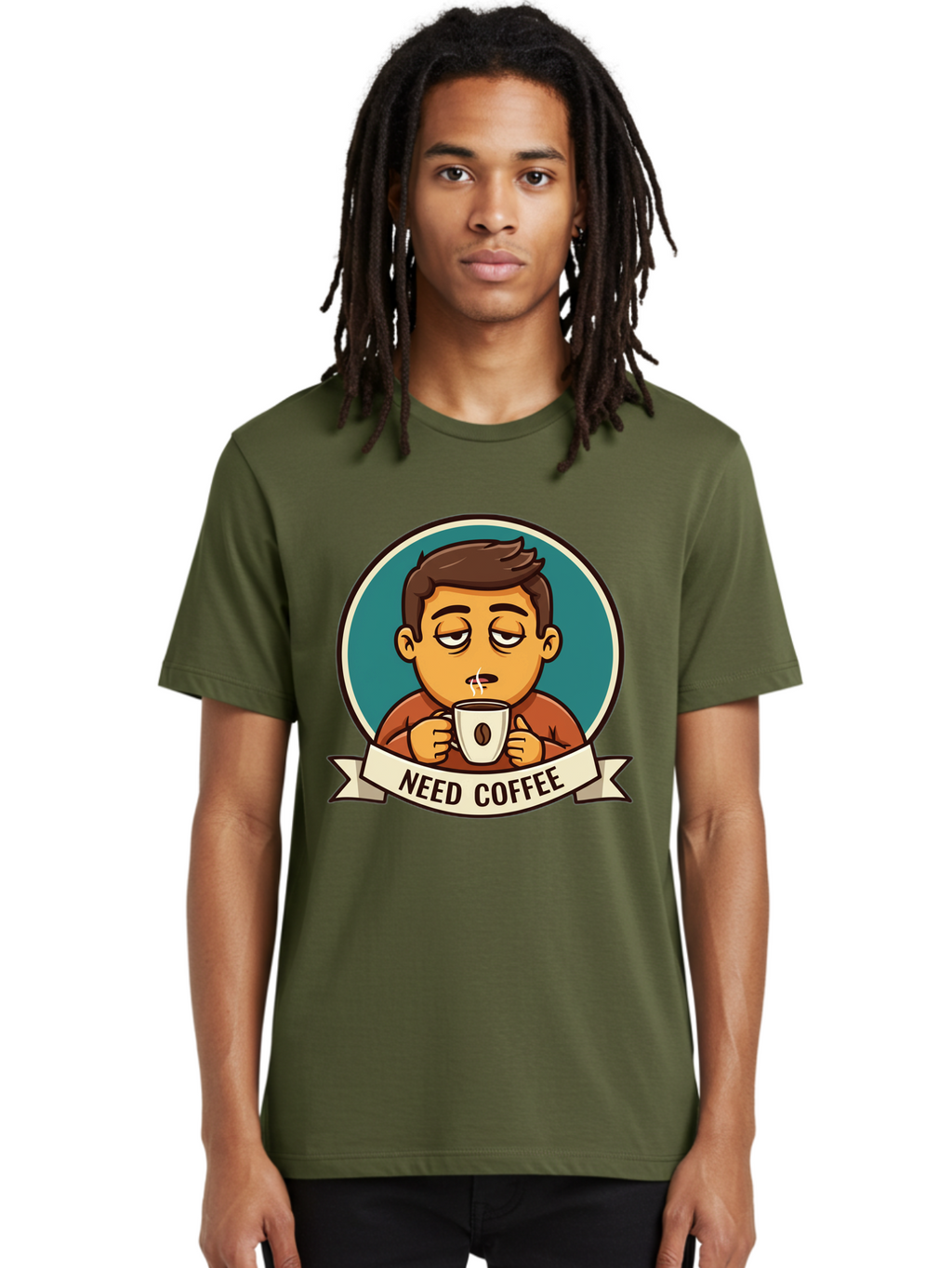 Need-Coffee Men'S Graphic Tee, 100% Cotton, Comfortable Casual Summer Wear, Machine Washable, Tired Cartoon Character, Coffee Lover, Morning Pick-Me-Up, Caffeine Fix, Funny Illustration, Coffee Addiction, Coffee Culture Bac195