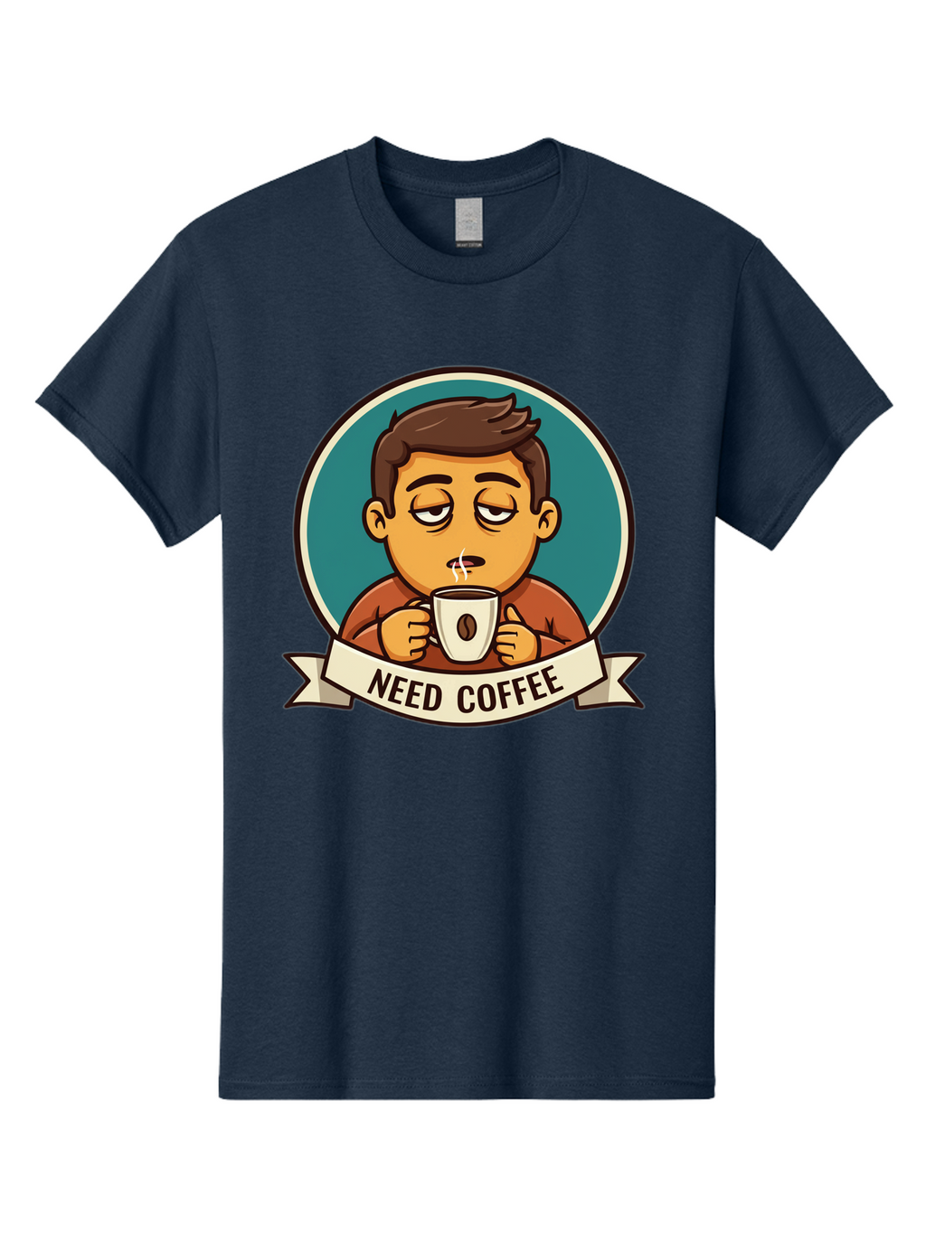 Need-Coffee Men'S Graphic Tee, 100% Cotton, Comfortable Casual Summer Wear, Machine Washable, Tired Cartoon Character, Coffee Lover, Morning Pick-Me-Up, Caffeine Fix, Funny Illustration, Coffee Addiction, Coffee Culture Bac195