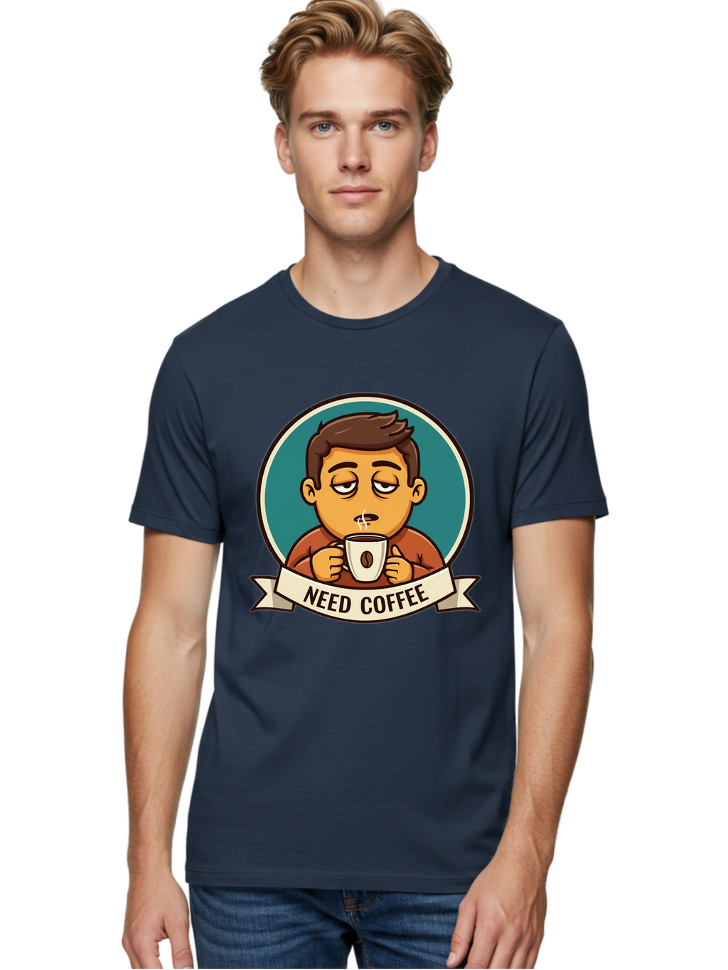 Need-Coffee Men'S Graphic Tee, 100% Cotton, Comfortable Casual Summer Wear, Machine Washable, Tired Cartoon Character, Coffee Lover, Morning Pick-Me-Up, Caffeine Fix, Funny Illustration, Coffee Addiction, Coffee Culture Bac195