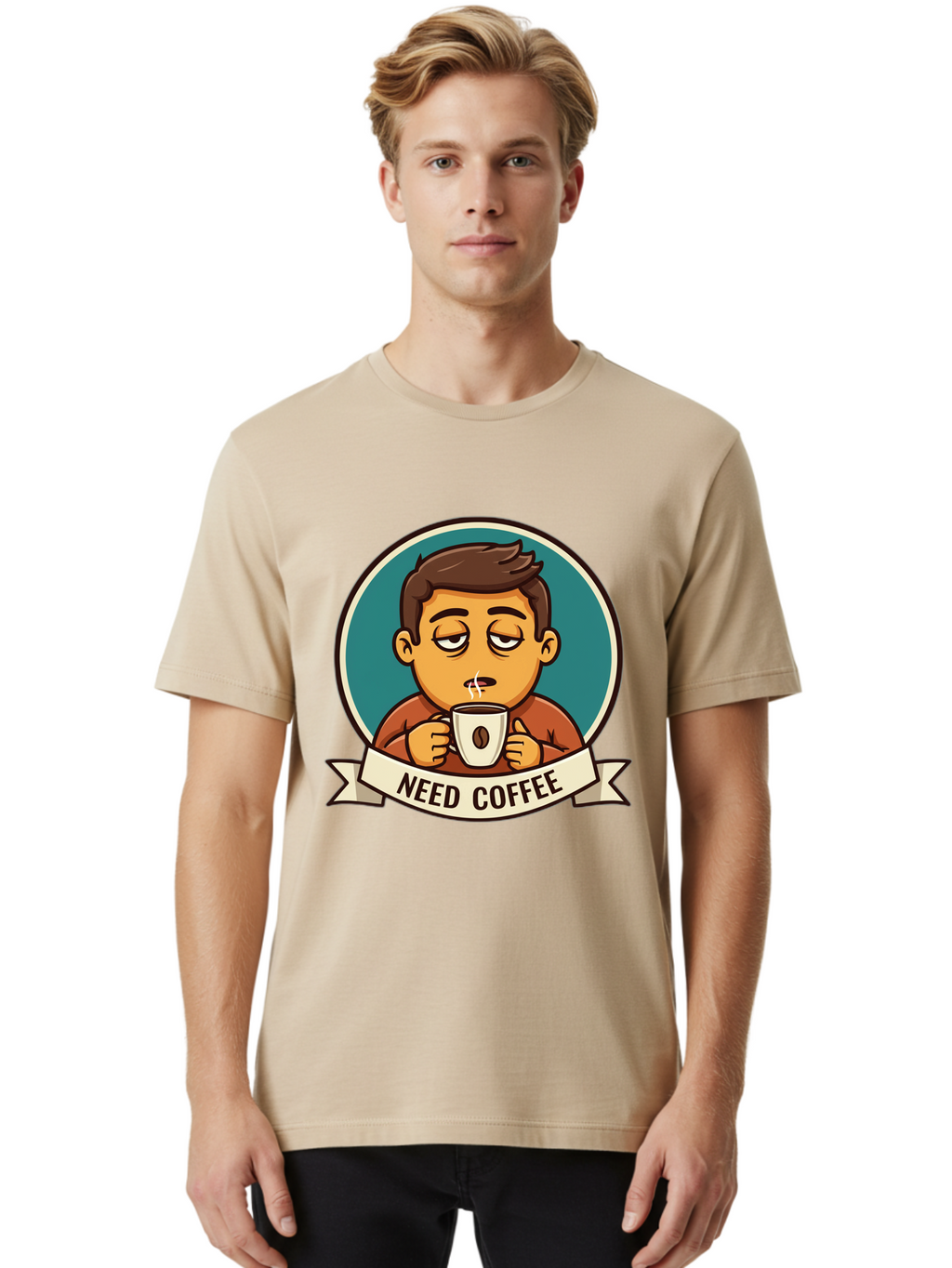 Need-Coffee Men'S Graphic Tee, 100% Cotton, Comfortable Casual Summer Wear, Machine Washable, Tired Cartoon Character, Coffee Lover, Morning Pick-Me-Up, Caffeine Fix, Funny Illustration, Coffee Addiction, Coffee Culture Bac195