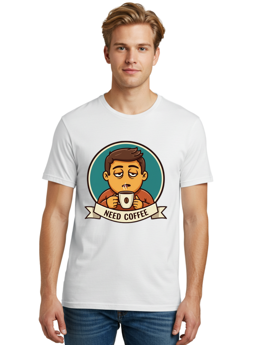 Need-Coffee Men'S Graphic Tee, 100% Cotton, Comfortable Casual Summer Wear, Machine Washable, Tired Cartoon Character, Coffee Lover, Morning Pick-Me-Up, Caffeine Fix, Funny Illustration, Coffee Addiction, Coffee Culture Bac195