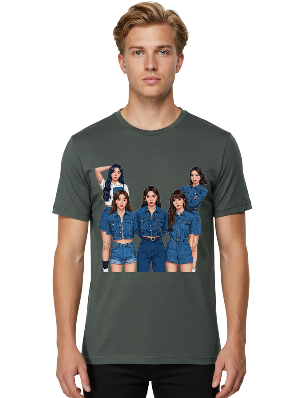 Newjeans-Group-Shot Men'S Graphic Tee, 100% Cotton, Comfortable Casual Summer Wear, Machine Washable, Newjeans K-Pop Group, Five Members, Denim Outfits, Casual Style, Fashion Icons, Group Portrait, K-Pop Fashion, Trendy Clothing, Long Hair, Bac197