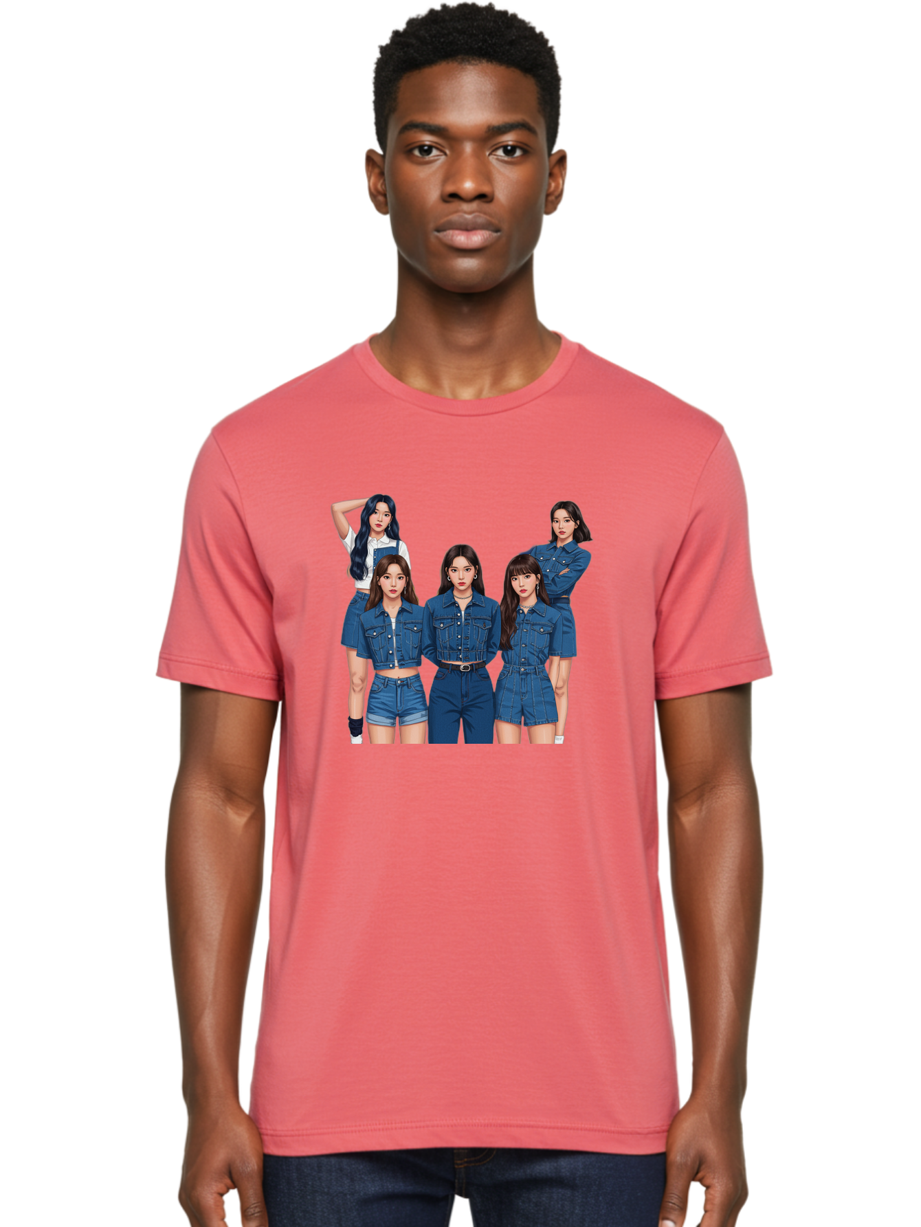 Newjeans-Group-Shot Men'S Graphic Tee, 100% Cotton, Comfortable Casual Summer Wear, Machine Washable, Newjeans K-Pop Group, Five Members, Denim Outfits, Casual Style, Fashion Icons, Group Portrait, K-Pop Fashion, Trendy Clothing, Long Hair, Bac197
