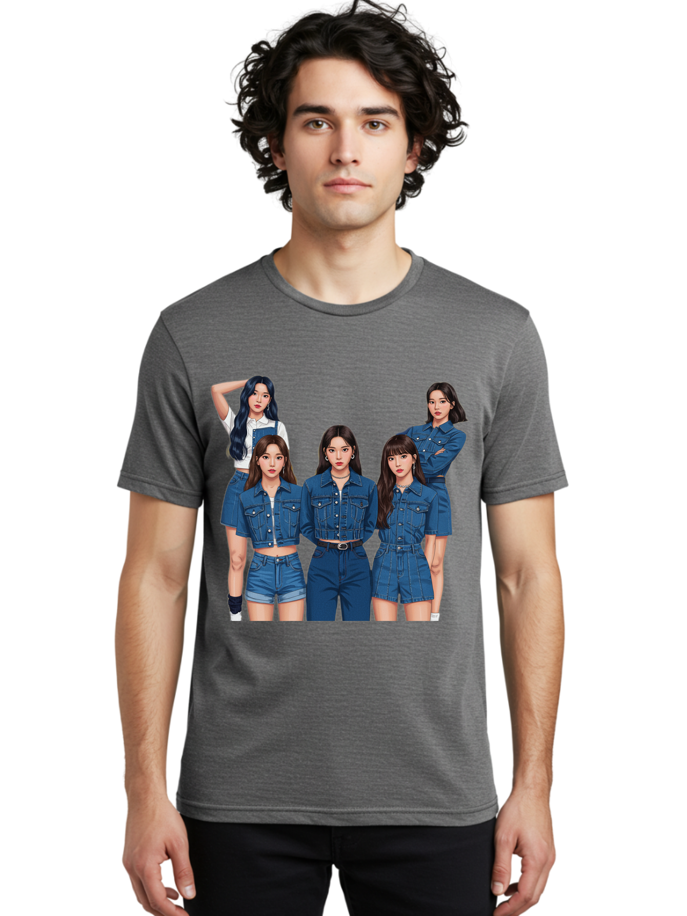 Newjeans-Group-Shot Men'S Graphic Tee, 100% Cotton, Comfortable Casual Summer Wear, Machine Washable, Newjeans K-Pop Group, Five Members, Denim Outfits, Casual Style, Fashion Icons, Group Portrait, K-Pop Fashion, Trendy Clothing, Long Hair, Bac197