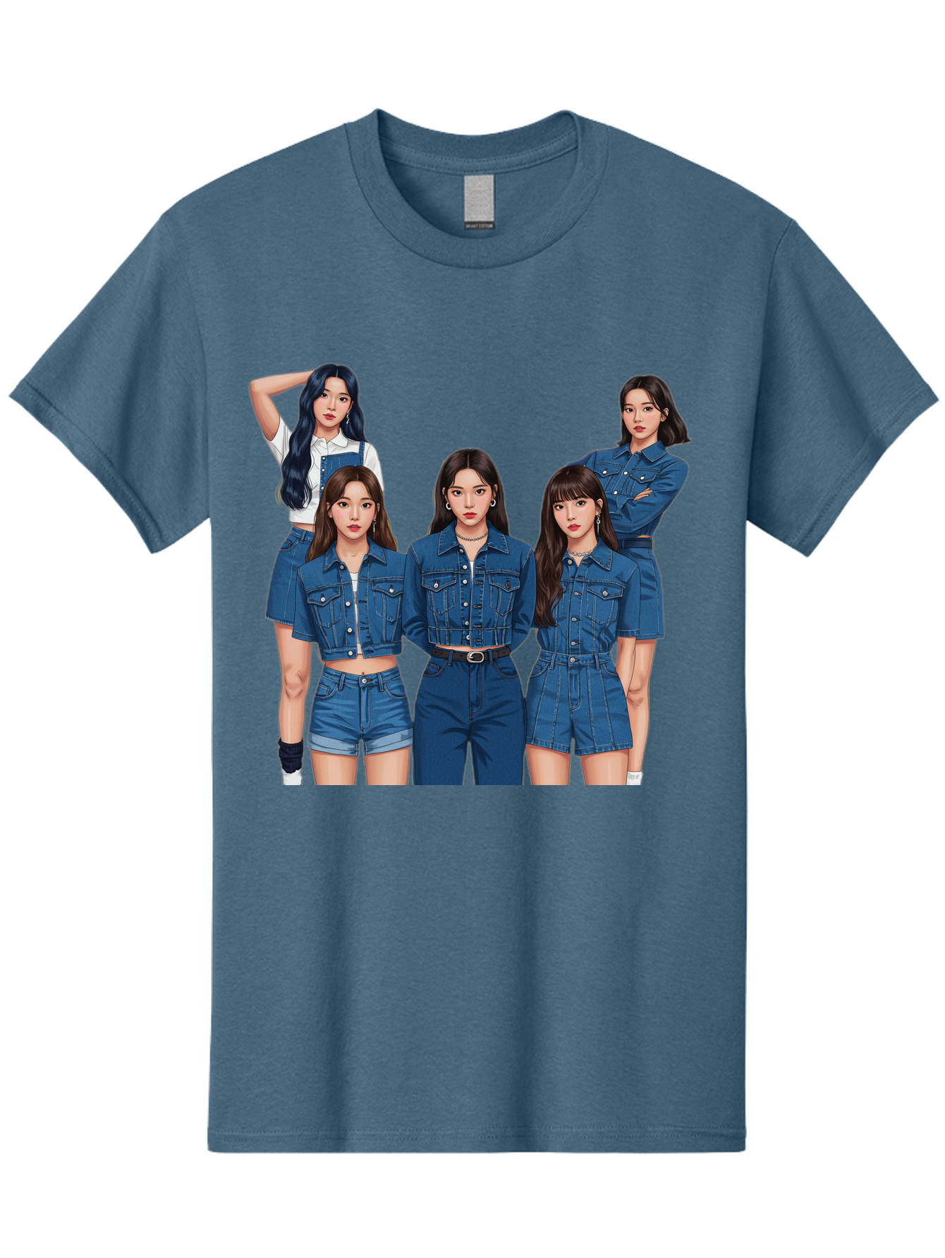 Newjeans-Group-Shot Men'S Graphic Tee, 100% Cotton, Comfortable Casual Summer Wear, Machine Washable, Newjeans K-Pop Group, Five Members, Denim Outfits, Casual Style, Fashion Icons, Group Portrait, K-Pop Fashion, Trendy Clothing, Long Hair, Bac197