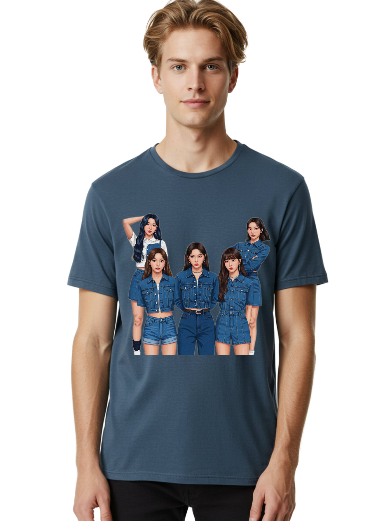 Newjeans-Group-Shot Men'S Graphic Tee, 100% Cotton, Comfortable Casual Summer Wear, Machine Washable, Newjeans K-Pop Group, Five Members, Denim Outfits, Casual Style, Fashion Icons, Group Portrait, K-Pop Fashion, Trendy Clothing, Long Hair, Bac197