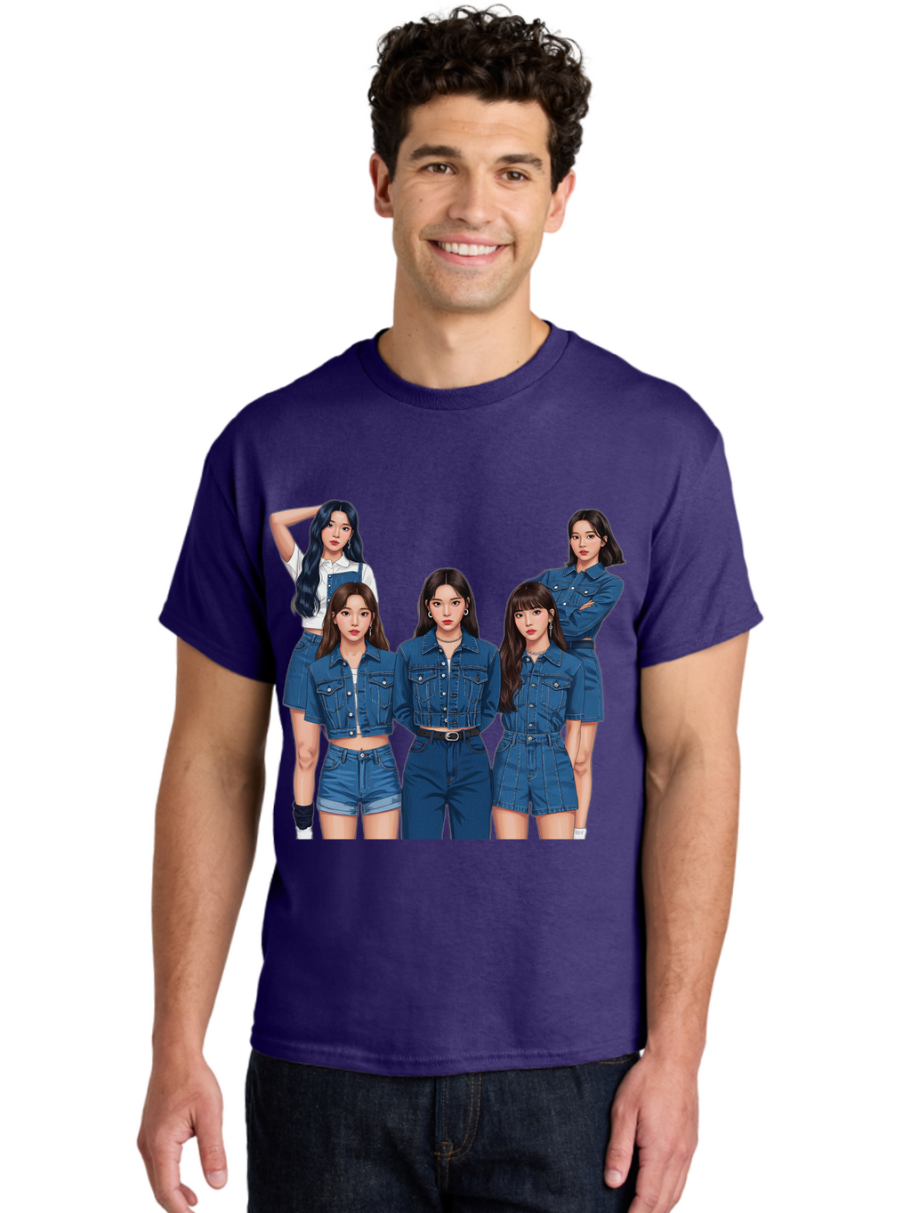 Newjeans-Group-Shot Men'S Graphic Tee, 100% Cotton, Comfortable Casual Summer Wear, Machine Washable, Newjeans K-Pop Group, Five Members, Denim Outfits, Casual Style, Fashion Icons, Group Portrait, K-Pop Fashion, Trendy Clothing, Long Hair, Bac197