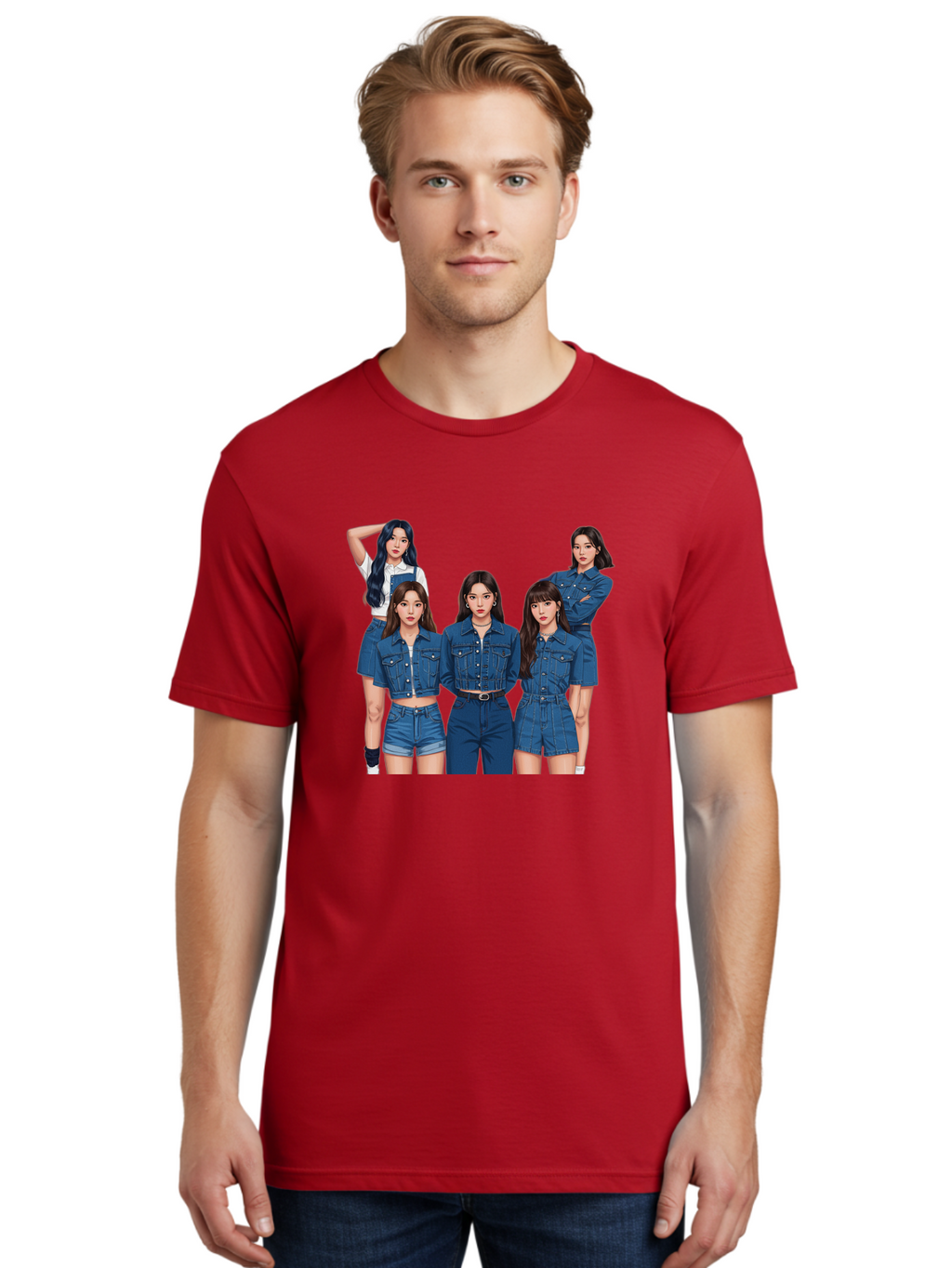 Newjeans-Group-Shot Men'S Graphic Tee, 100% Cotton, Comfortable Casual Summer Wear, Machine Washable, Newjeans K-Pop Group, Five Members, Denim Outfits, Casual Style, Fashion Icons, Group Portrait, K-Pop Fashion, Trendy Clothing, Long Hair, Bac197