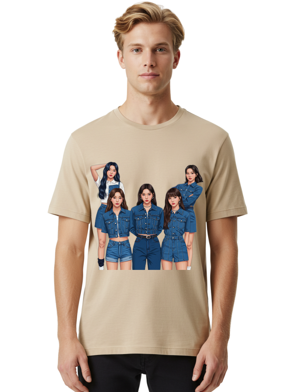 Newjeans-Group-Shot Men'S Graphic Tee, 100% Cotton, Comfortable Casual Summer Wear, Machine Washable, Newjeans K-Pop Group, Five Members, Denim Outfits, Casual Style, Fashion Icons, Group Portrait, K-Pop Fashion, Trendy Clothing, Long Hair, Bac197