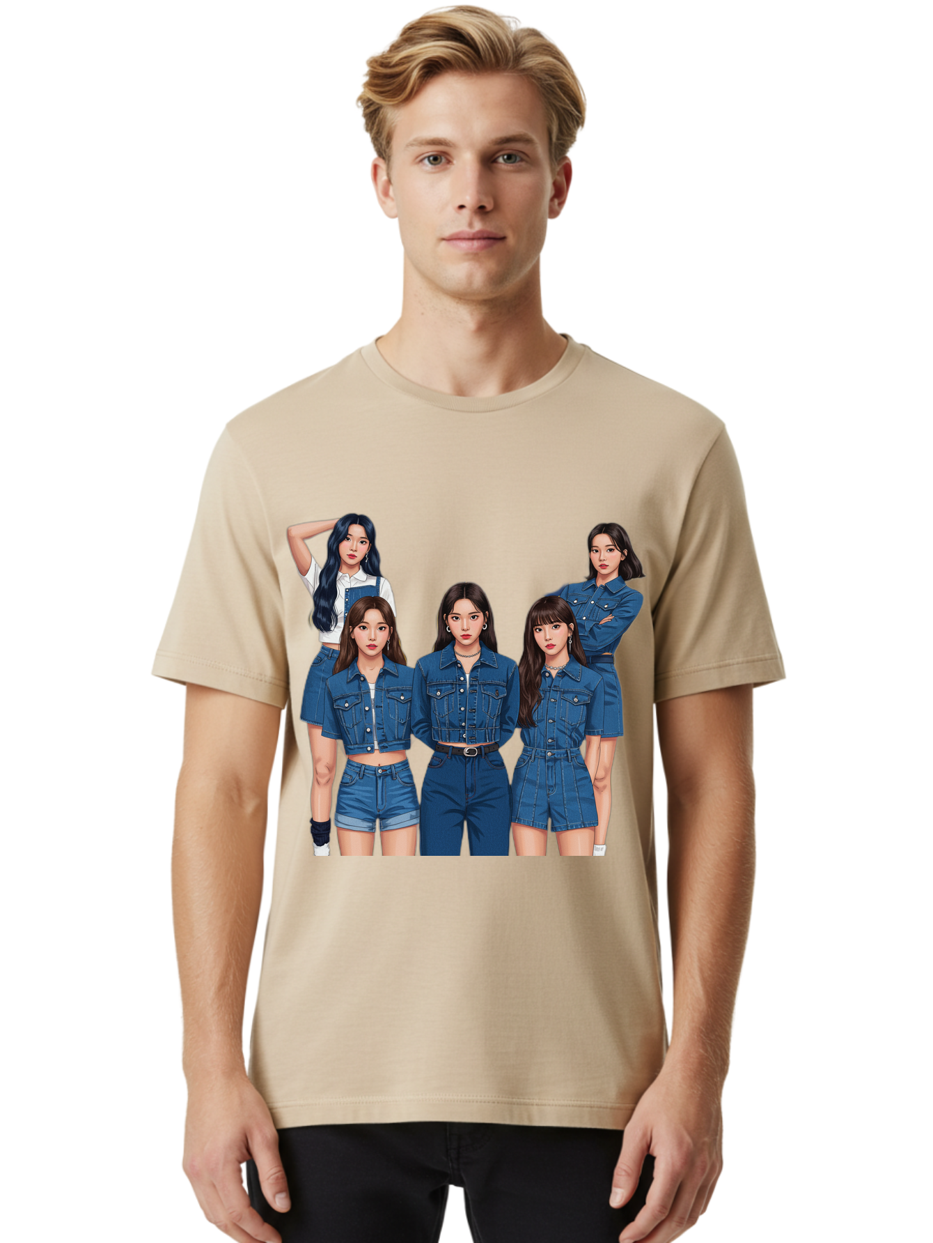 Newjeans-Group-Shot Men'S Graphic Tee, 100% Cotton, Comfortable Casual Summer Wear, Machine Washable, Newjeans K-Pop Group, Five Members, Denim Outfits, Casual Style, Fashion Icons, Group Portrait, K-Pop Fashion, Trendy Clothing, Long Hair, Bac197