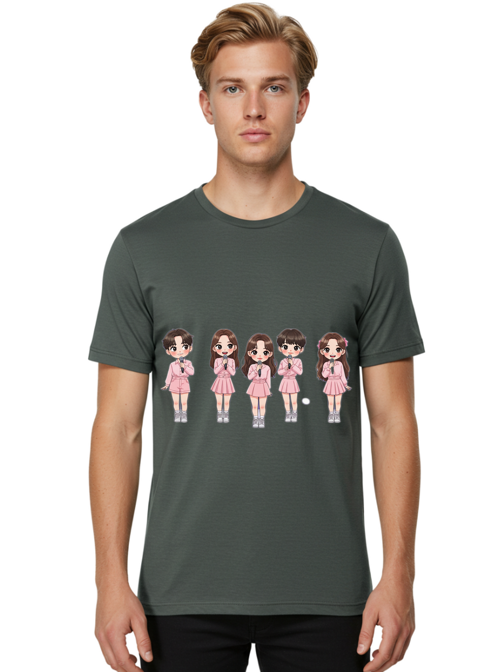 Newjeans Men'S Graphic Tee, 100% Cotton, Comfortable Casual Summer Wear, Machine Washable, Newjeans K-Pop Group, Cartoon Illustration, K-Pop Idols, Pink Outfits, Microphones, K-Pop Fandom, Chibi Style, K-Pop Fashion, Group Portrait Bac198