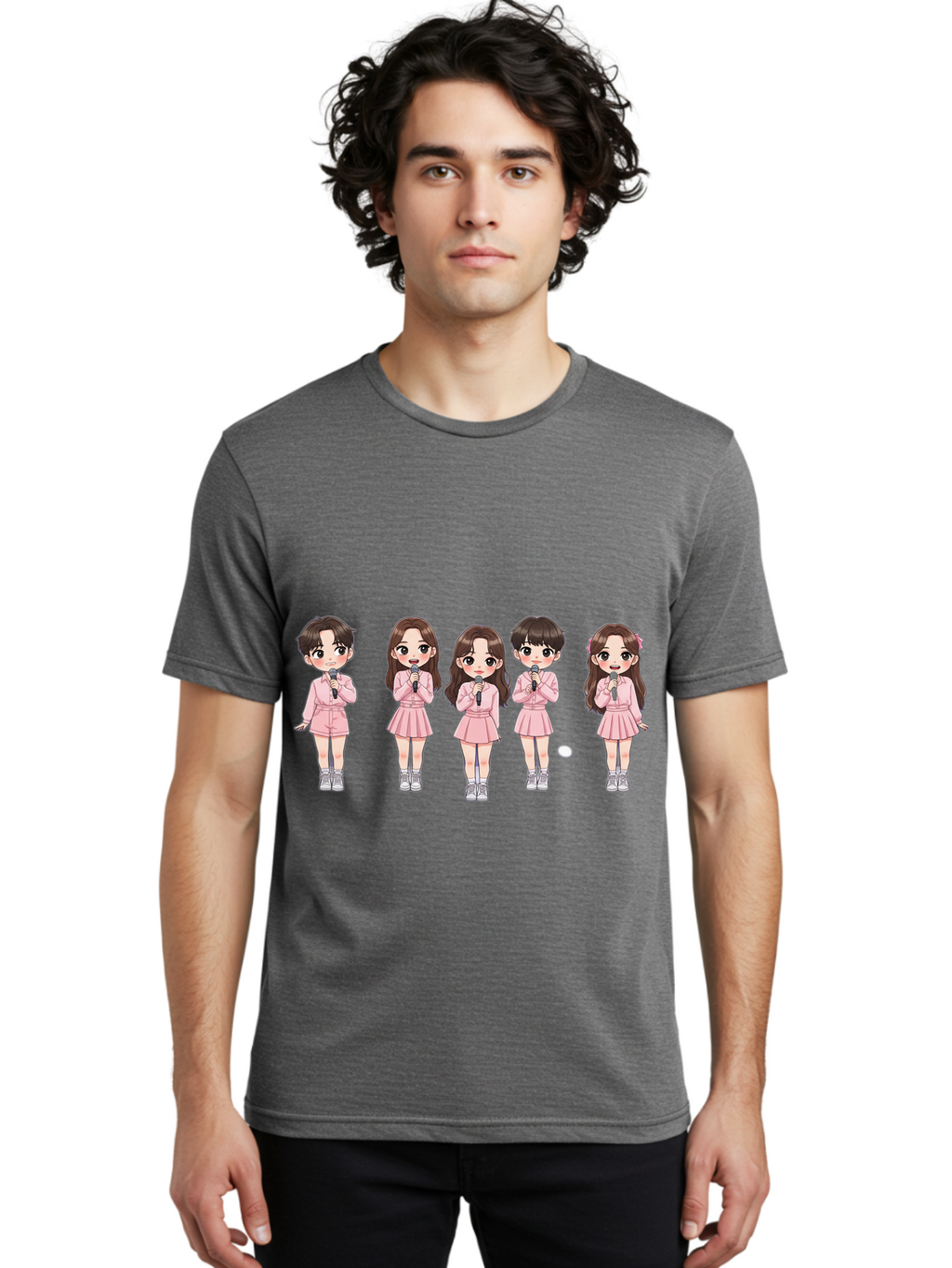 Newjeans Men'S Graphic Tee, 100% Cotton, Comfortable Casual Summer Wear, Machine Washable, Newjeans K-Pop Group, Cartoon Illustration, K-Pop Idols, Pink Outfits, Microphones, K-Pop Fandom, Chibi Style, K-Pop Fashion, Group Portrait Bac198