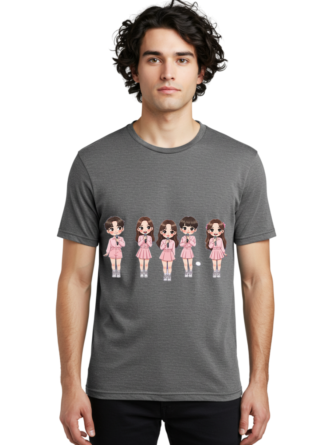 Newjeans Men'S Graphic Tee, 100% Cotton, Comfortable Casual Summer Wear, Machine Washable, Newjeans K-Pop Group, Cartoon Illustration, K-Pop Idols, Pink Outfits, Microphones, K-Pop Fandom, Chibi Style, K-Pop Fashion, Group Portrait Bac198