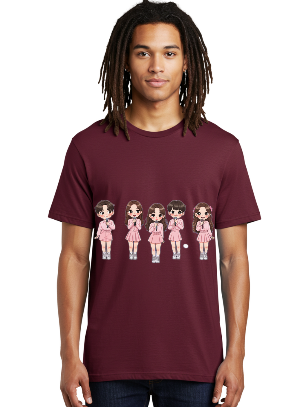 Newjeans Men'S Graphic Tee, 100% Cotton, Comfortable Casual Summer Wear, Machine Washable, Newjeans K-Pop Group, Cartoon Illustration, K-Pop Idols, Pink Outfits, Microphones, K-Pop Fandom, Chibi Style, K-Pop Fashion, Group Portrait Bac198