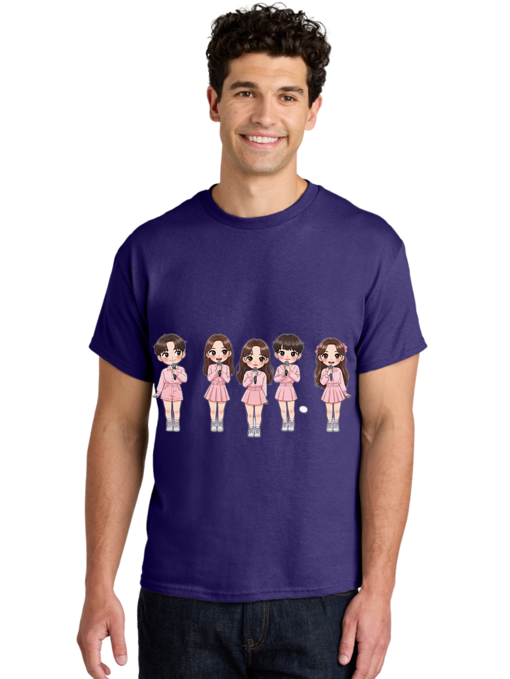 Newjeans Men'S Graphic Tee, 100% Cotton, Comfortable Casual Summer Wear, Machine Washable, Newjeans K-Pop Group, Cartoon Illustration, K-Pop Idols, Pink Outfits, Microphones, K-Pop Fandom, Chibi Style, K-Pop Fashion, Group Portrait Bac198