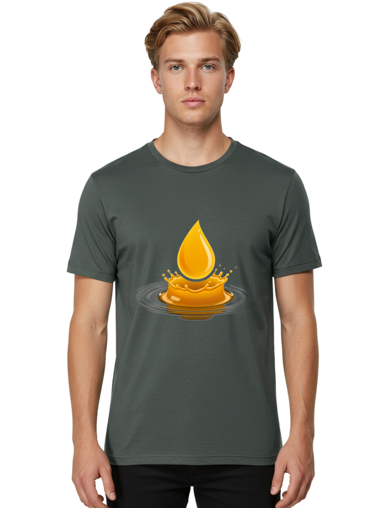 Oil-Drop-Splash Men'S Graphic Tee, 100% Cotton, Comfortable Casual Summer Wear, Machine Washable, Oil Droplet, Splash Effect, Ripple, Drop Of Oil, Brown Liquid, Abstract Design, Modern Art, Digital Illustration, Fluid Dynamics, Shiny Surface Bac199