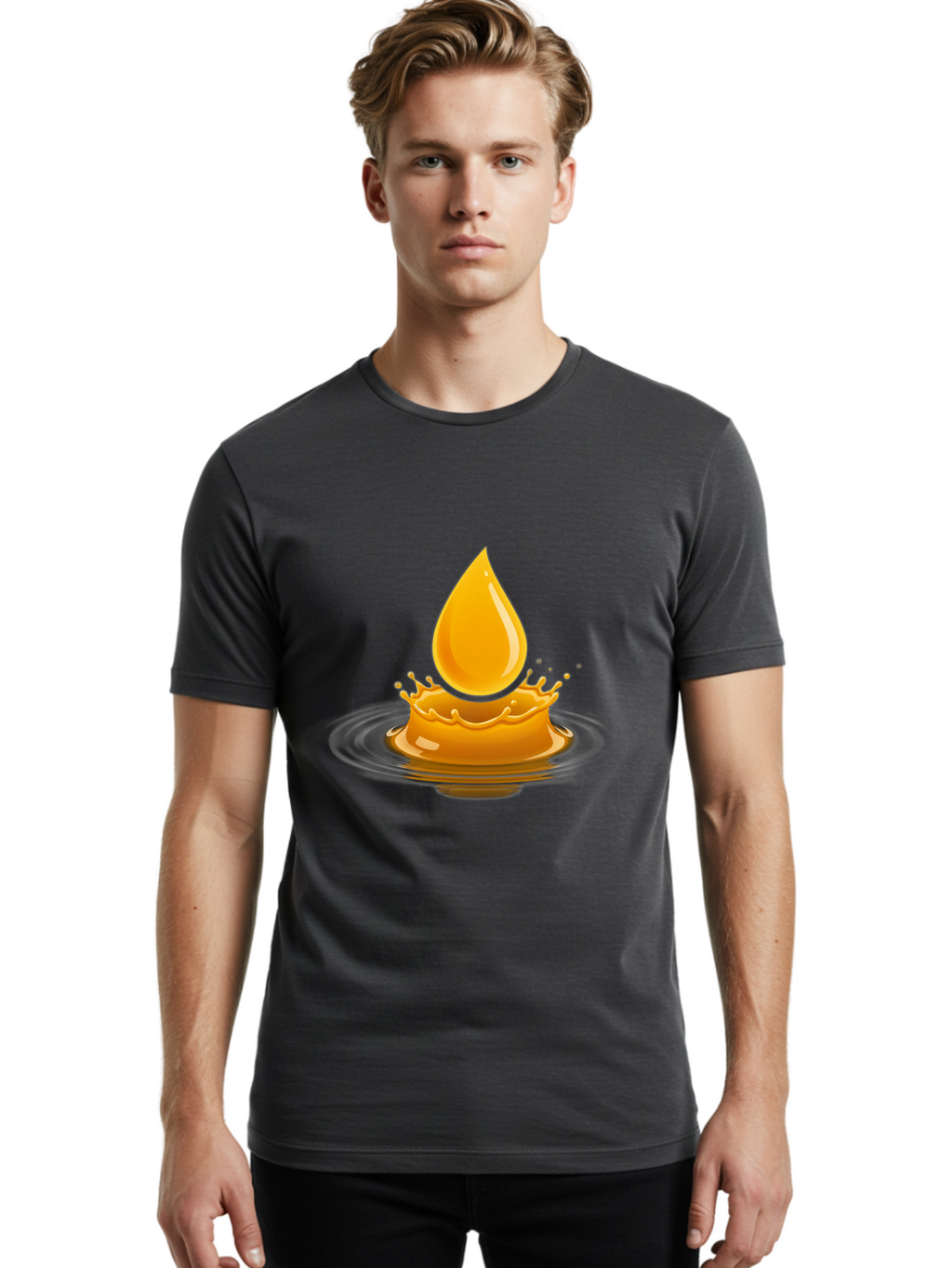 Oil-Drop-Splash Men'S Graphic Tee, 100% Cotton, Comfortable Casual Summer Wear, Machine Washable, Oil Droplet, Splash Effect, Ripple, Drop Of Oil, Brown Liquid, Abstract Design, Modern Art, Digital Illustration, Fluid Dynamics, Shiny Surface Bac199