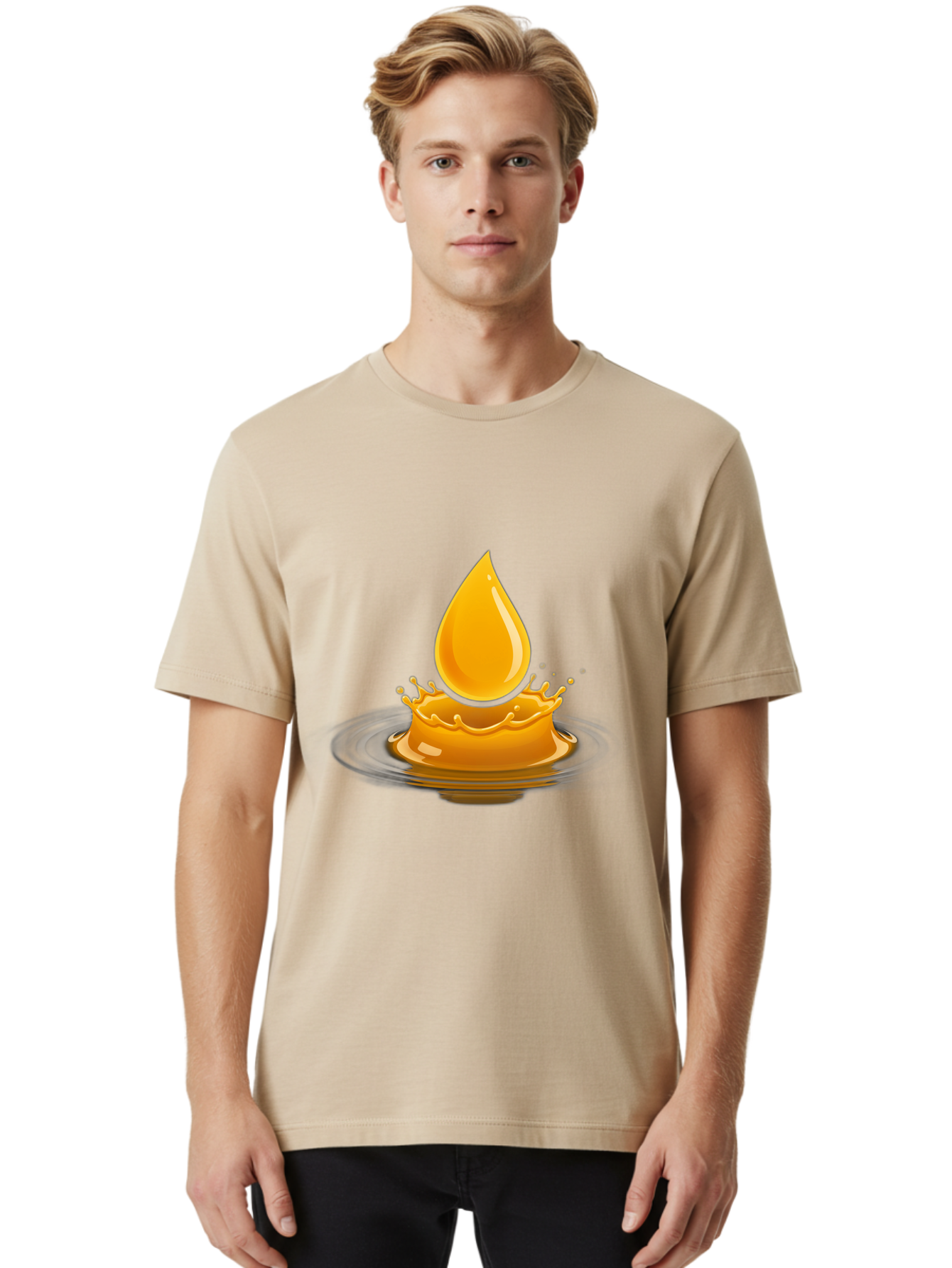 Oil-Drop-Splash Men'S Graphic Tee, 100% Cotton, Comfortable Casual Summer Wear, Machine Washable, Oil Droplet, Splash Effect, Ripple, Drop Of Oil, Brown Liquid, Abstract Design, Modern Art, Digital Illustration, Fluid Dynamics, Shiny Surface Bac199