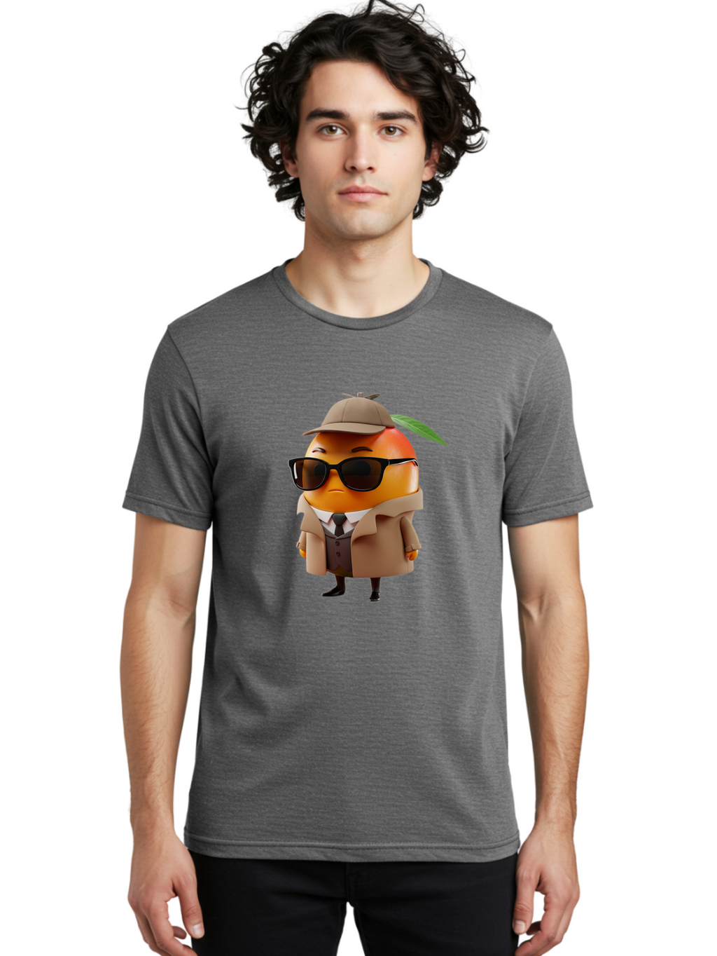 Orange-Detective Men'S Graphic Tee, 100% Cotton, Comfortable Casual Summer Wear, Machine Washable, Orange Character, Detective Orange, Anthropomorphic Fruit, Sunglasses, Trench Coat, Fedora Hat, Leaf Hatband, Stylish Outfit, Cartoon Character, Bac202