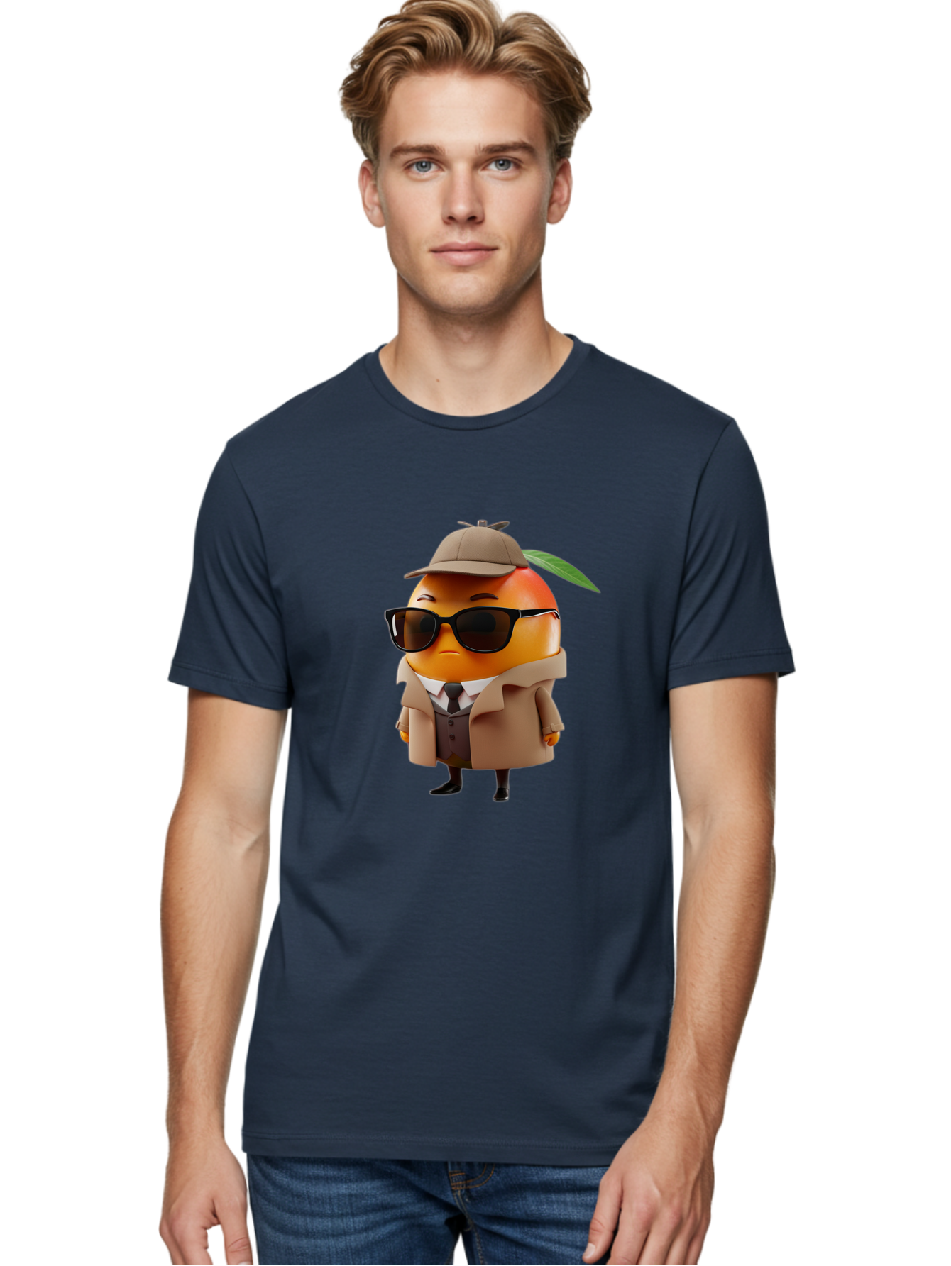 Orange-Detective Men'S Graphic Tee, 100% Cotton, Comfortable Casual Summer Wear, Machine Washable, Orange Character, Detective Orange, Anthropomorphic Fruit, Sunglasses, Trench Coat, Fedora Hat, Leaf Hatband, Stylish Outfit, Cartoon Character, Bac202