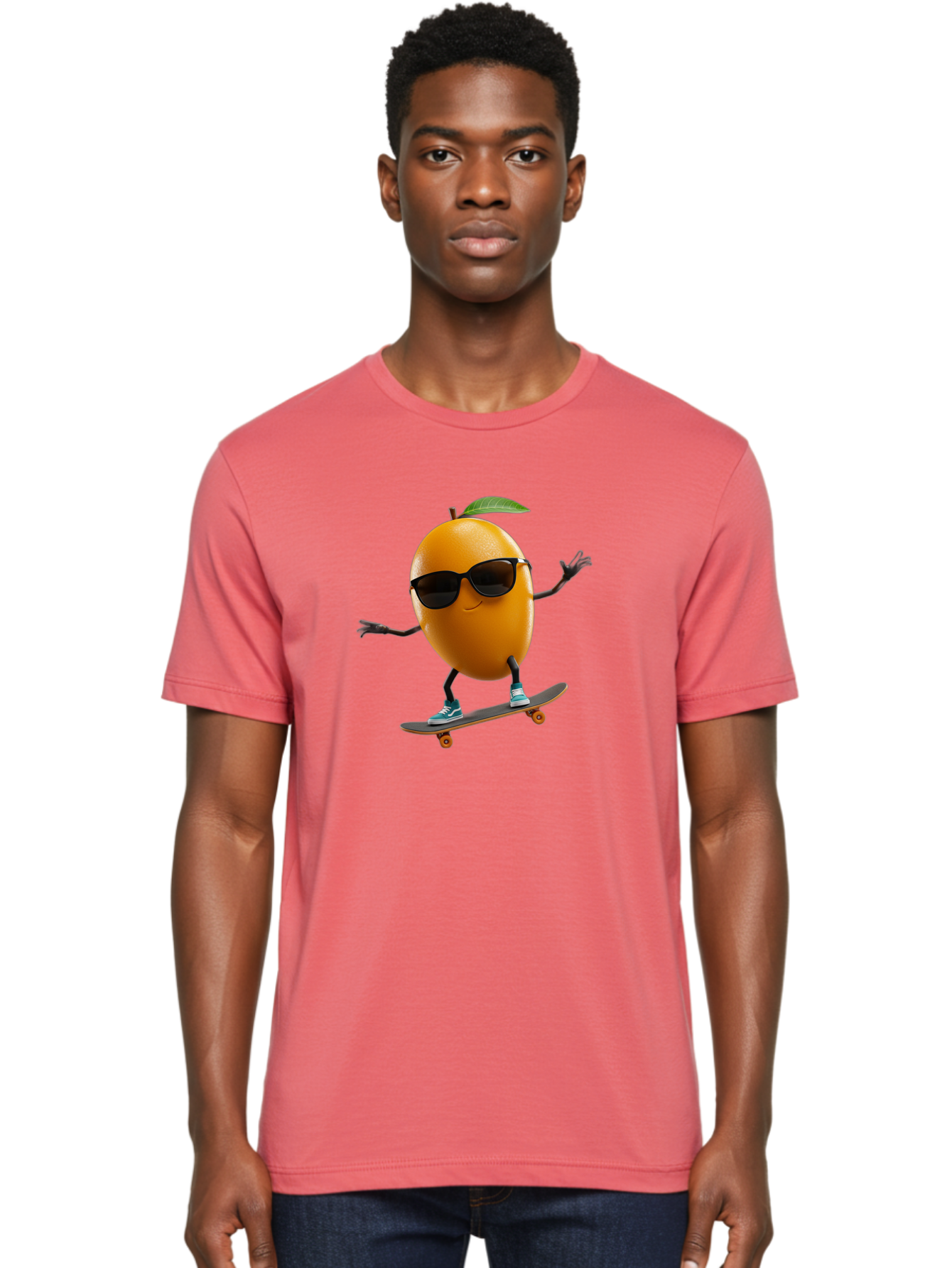 Orange-Skateboarder Men'S Graphic Tee, 100% Cotton, Comfortable Casual Summer Wear, Machine Washable, Cartoon Orange Character, Skateboarding, Sunglasses, Sneakers, Fun, Playful, Vibrant, Citrus Fruit Animation, Orange Skateboarder, Bac203
