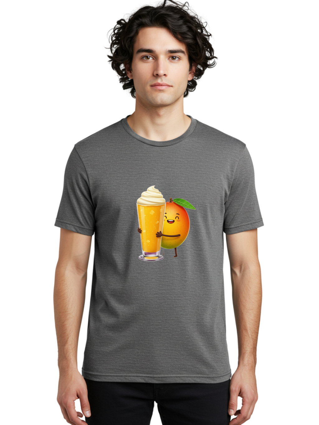 Orange-Smoothie Men'S Graphic Tee, 100% Cotton, Comfortable Casual Summer Wear, Machine Washable, Mango Smoothie, Creamy Texture, Orange Drink, Whipped Cream Topping, Cartoon Mango, Smiling Fruit, Happy Character, Refreshing Beverage, Bac204