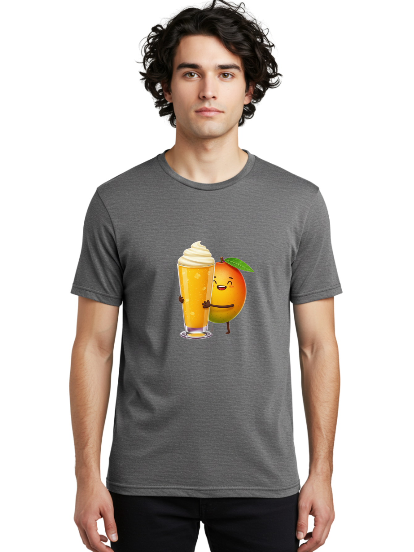Orange-Smoothie Men'S Graphic Tee, 100% Cotton, Comfortable Casual Summer Wear, Machine Washable, Mango Smoothie, Creamy Texture, Orange Drink, Whipped Cream Topping, Cartoon Mango, Smiling Fruit, Happy Character, Refreshing Beverage, Bac204