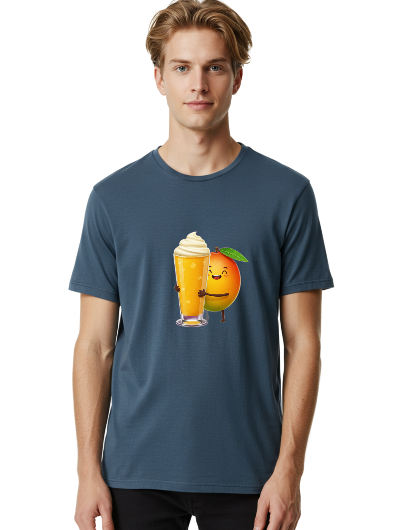 Orange-Smoothie Men'S Graphic Tee, 100% Cotton, Comfortable Casual Summer Wear, Machine Washable, Mango Smoothie, Creamy Texture, Orange Drink, Whipped Cream Topping, Cartoon Mango, Smiling Fruit, Happy Character, Refreshing Beverage, Bac204