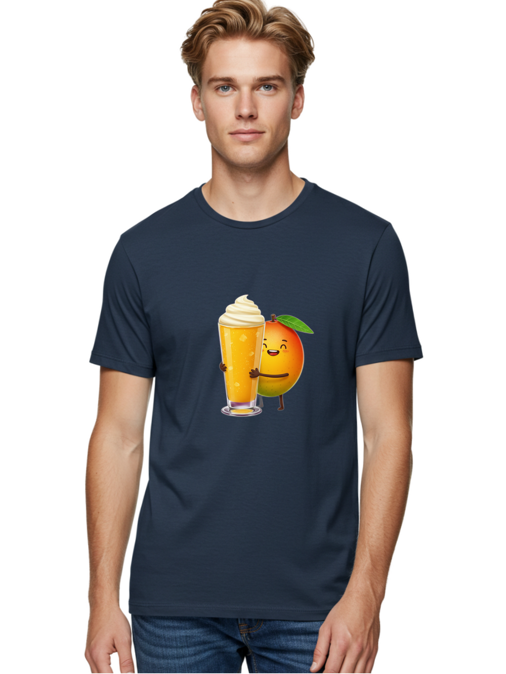 Orange-Smoothie Men'S Graphic Tee, 100% Cotton, Comfortable Casual Summer Wear, Machine Washable, Mango Smoothie, Creamy Texture, Orange Drink, Whipped Cream Topping, Cartoon Mango, Smiling Fruit, Happy Character, Refreshing Beverage, Bac204