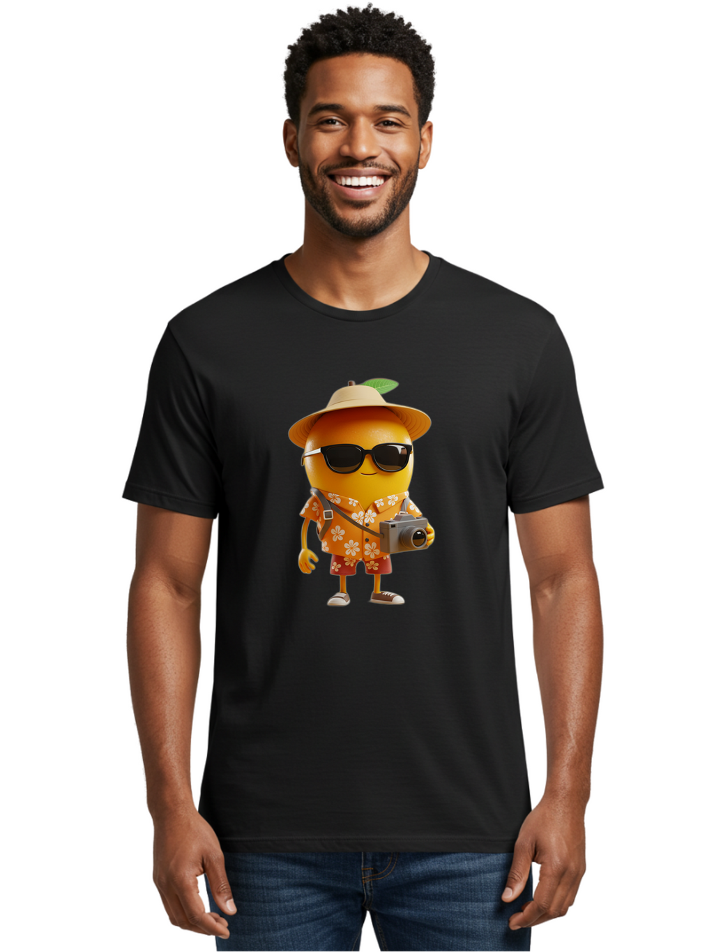Orange-Tourist Men'S Graphic Tee, 100% Cotton, Comfortable Casual Summer Wear, Machine Washable, Cartoon Orange Character, Tourist Attire, Hawaiian Shirt, Sunglasses, Camera, Tropical Vibe, Summer Vacation, Fun And Quirky, Citrus Fruit, Bac205