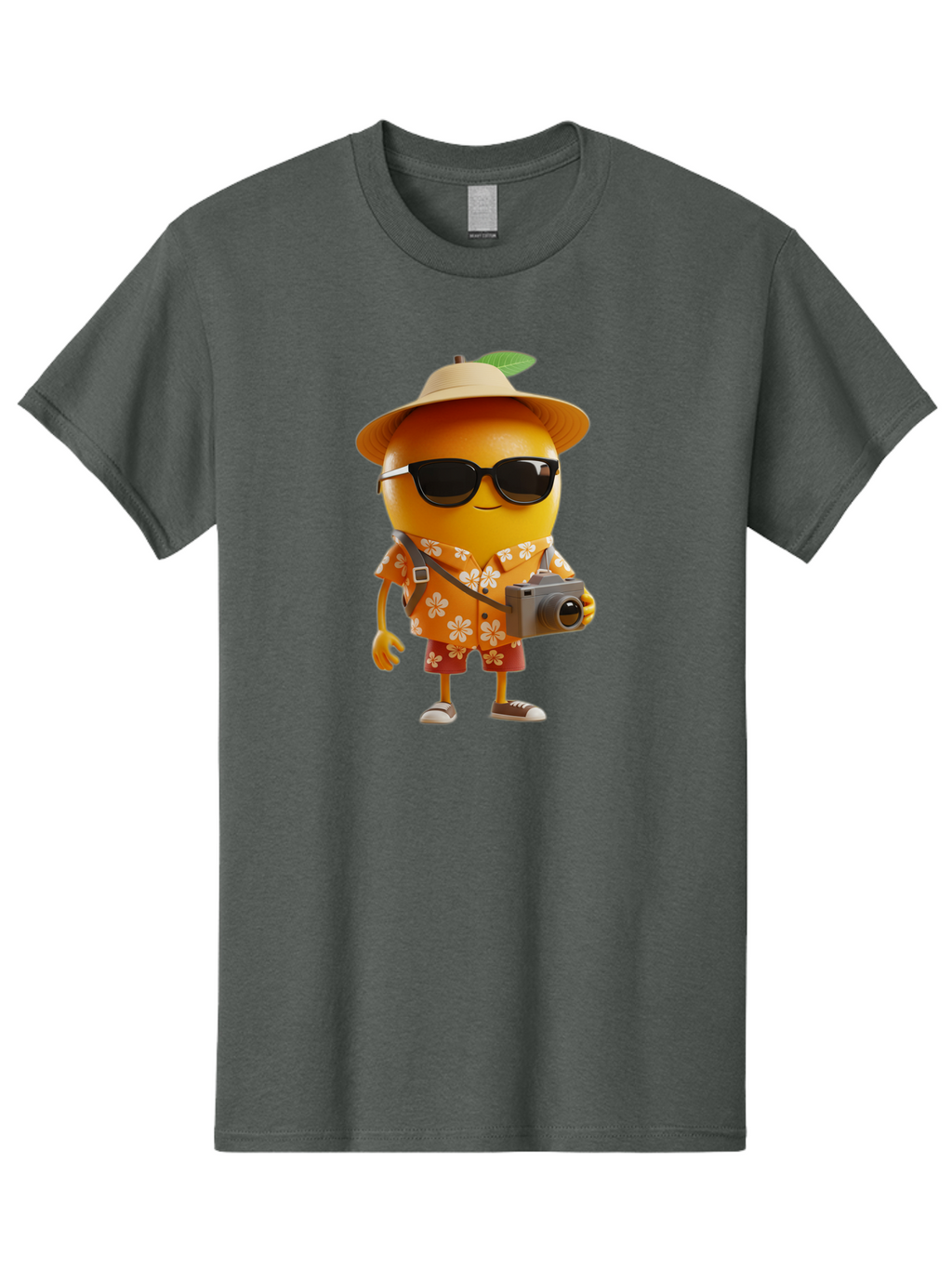 Orange-Tourist Men'S Graphic Tee, 100% Cotton, Comfortable Casual Summer Wear, Machine Washable, Cartoon Orange Character, Tourist Attire, Hawaiian Shirt, Sunglasses, Camera, Tropical Vibe, Summer Vacation, Fun And Quirky, Citrus Fruit, Bac205