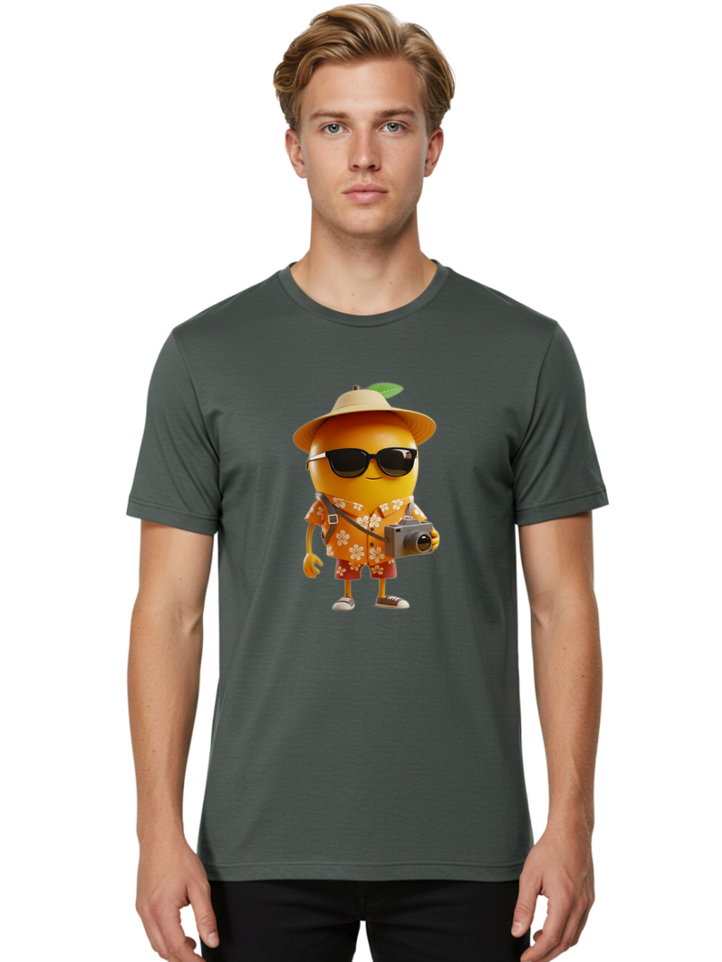 Orange-Tourist Men'S Graphic Tee, 100% Cotton, Comfortable Casual Summer Wear, Machine Washable, Cartoon Orange Character, Tourist Attire, Hawaiian Shirt, Sunglasses, Camera, Tropical Vibe, Summer Vacation, Fun And Quirky, Citrus Fruit, Bac205