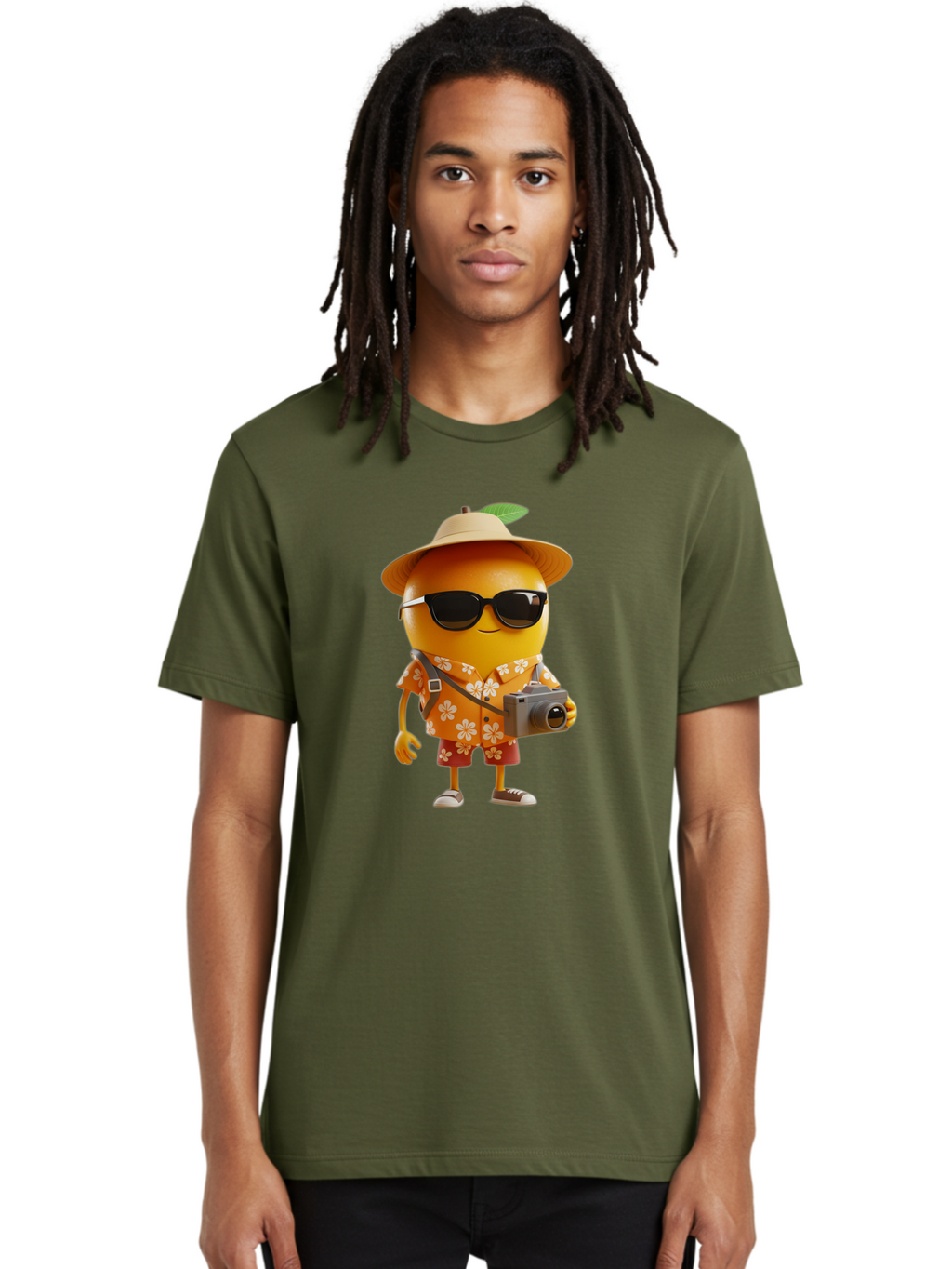 Orange-Tourist Men'S Graphic Tee, 100% Cotton, Comfortable Casual Summer Wear, Machine Washable, Cartoon Orange Character, Tourist Attire, Hawaiian Shirt, Sunglasses, Camera, Tropical Vibe, Summer Vacation, Fun And Quirky, Citrus Fruit, Bac205