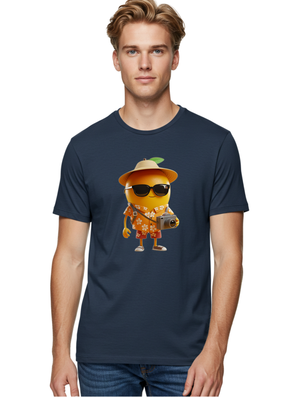 Orange-Tourist Men'S Graphic Tee, 100% Cotton, Comfortable Casual Summer Wear, Machine Washable, Cartoon Orange Character, Tourist Attire, Hawaiian Shirt, Sunglasses, Camera, Tropical Vibe, Summer Vacation, Fun And Quirky, Citrus Fruit, Bac205