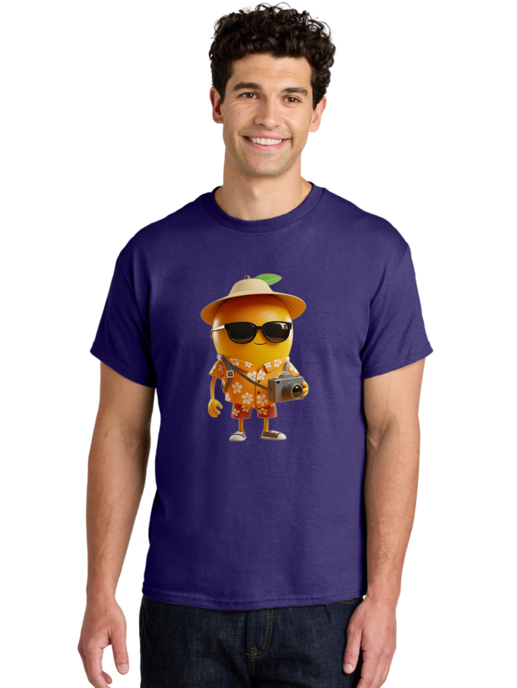 Orange-Tourist Men'S Graphic Tee, 100% Cotton, Comfortable Casual Summer Wear, Machine Washable, Cartoon Orange Character, Tourist Attire, Hawaiian Shirt, Sunglasses, Camera, Tropical Vibe, Summer Vacation, Fun And Quirky, Citrus Fruit, Bac205