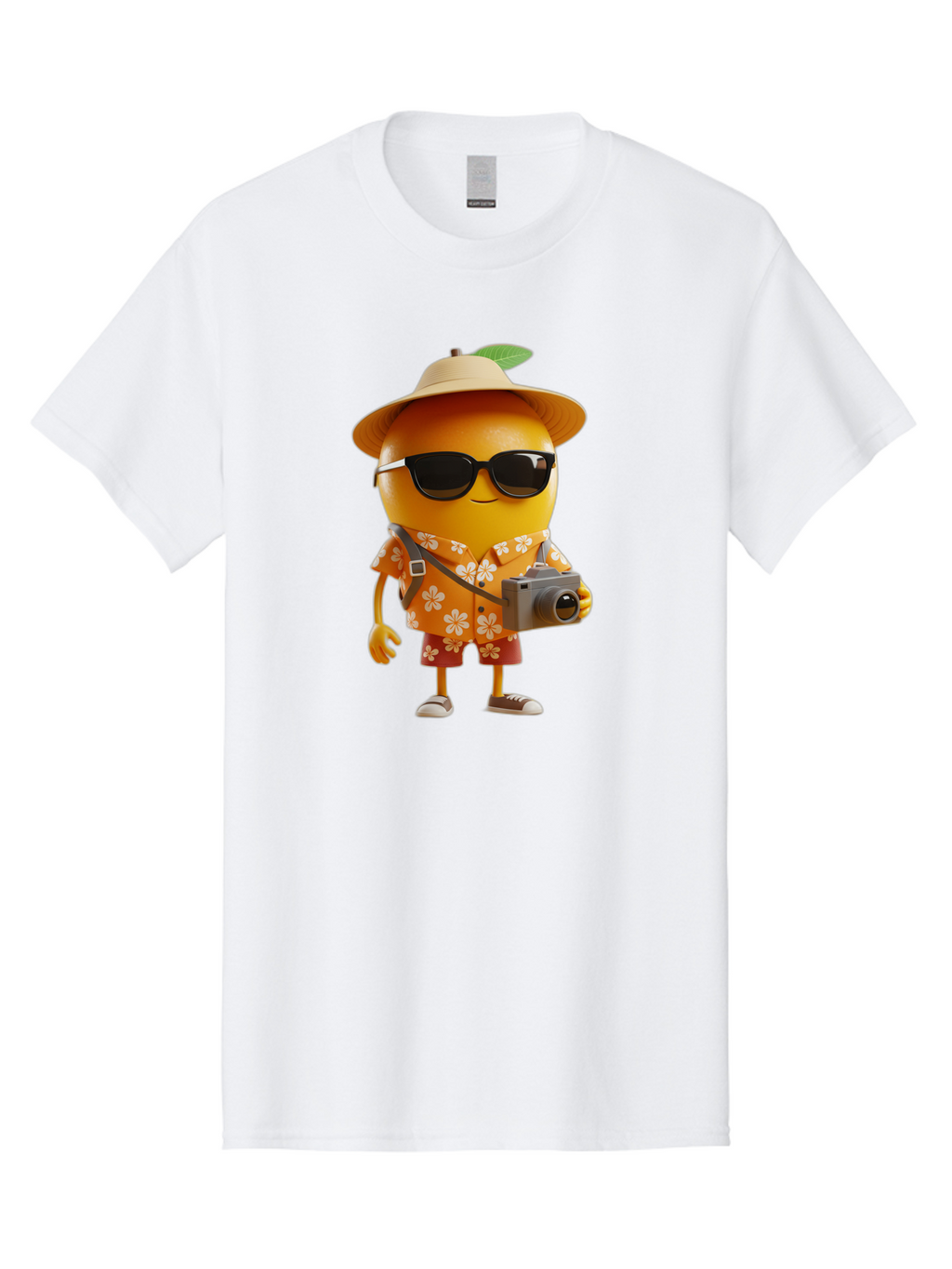 Orange-Tourist Men'S Graphic Tee, 100% Cotton, Comfortable Casual Summer Wear, Machine Washable, Cartoon Orange Character, Tourist Attire, Hawaiian Shirt, Sunglasses, Camera, Tropical Vibe, Summer Vacation, Fun And Quirky, Citrus Fruit, Bac205